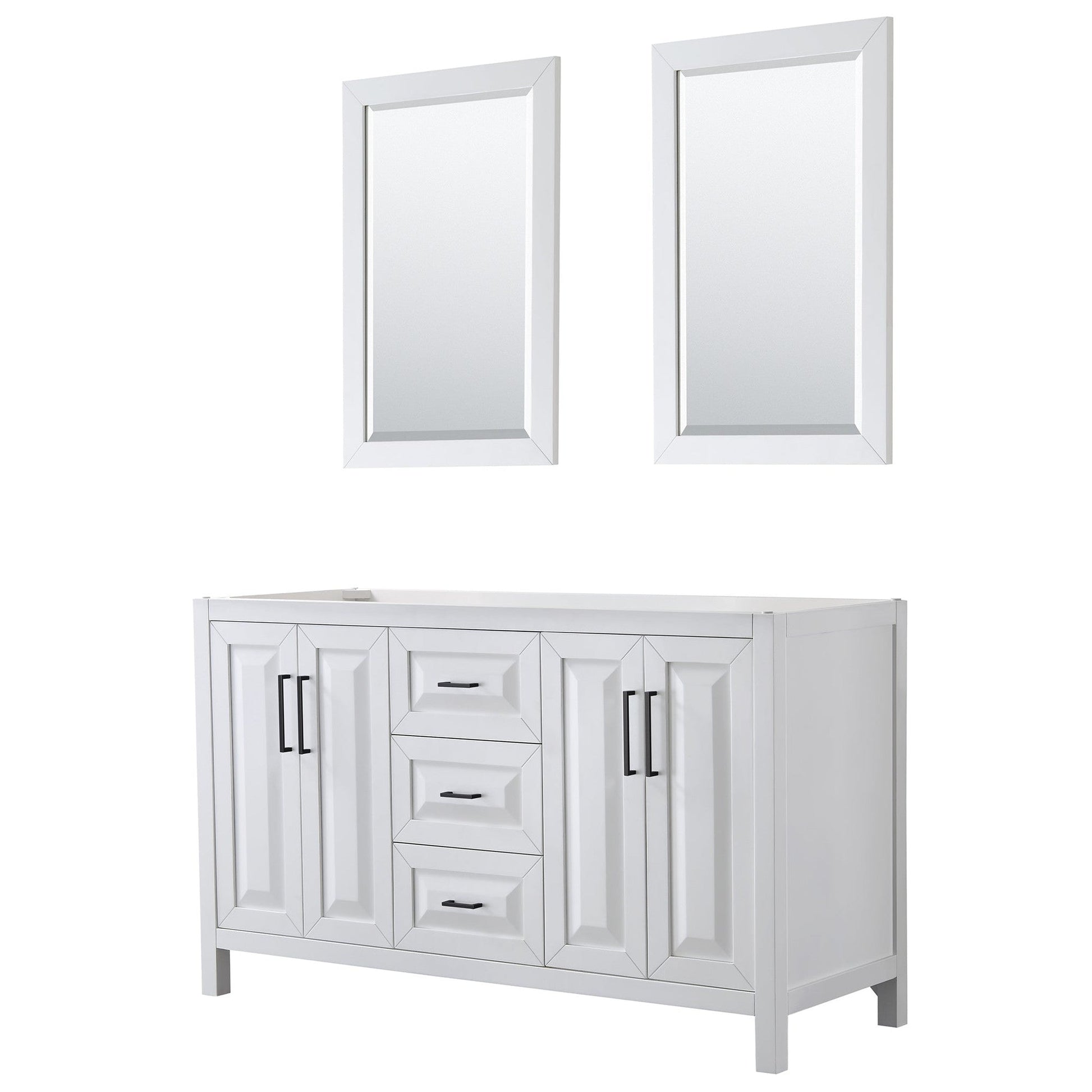 Daria 60" Double Bathroom Vanity in White, No Countertop, No Sink, Matte Black Trim, 24" Mirrors