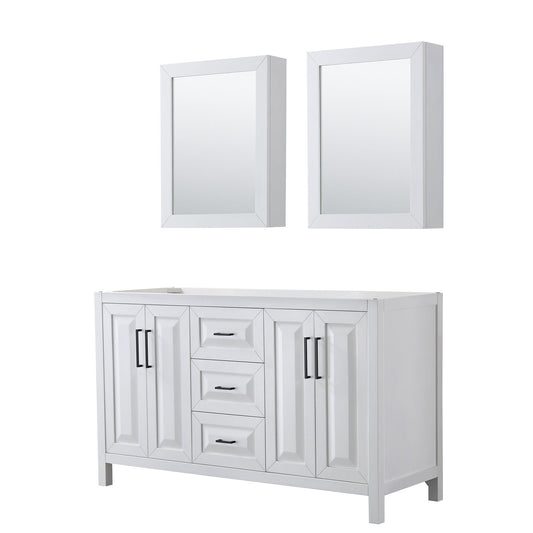 Daria 60" Double Bathroom Vanity in White, No Countertop, No Sink, Matte Black Trim, Medicine Cabinets