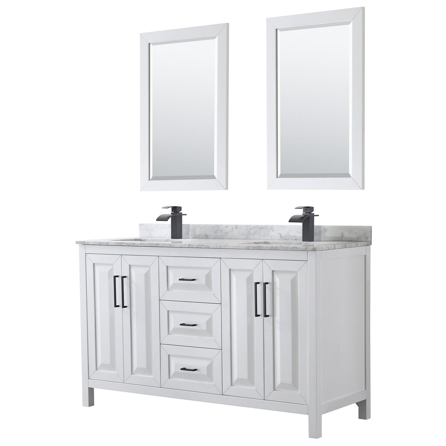 Daria 60" Double Bathroom Vanity in White, White Carrara Marble Countertop, Undermount Square Sinks, Matte Black Trim, 24" Mirrors