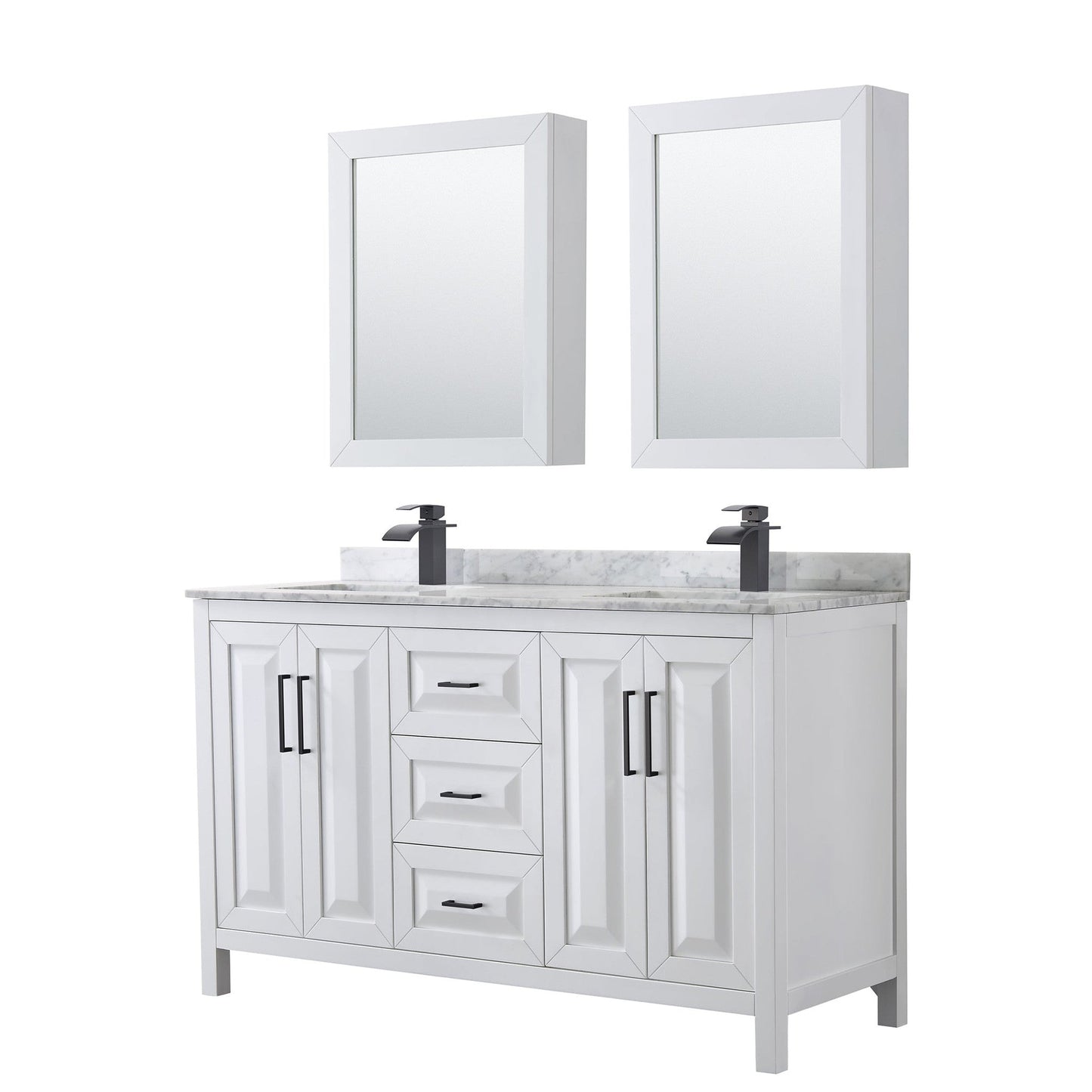 Daria 60" Double Bathroom Vanity in White, White Carrara Marble Countertop, Undermount Square Sinks, Matte Black Trim, Medicine Cabinets