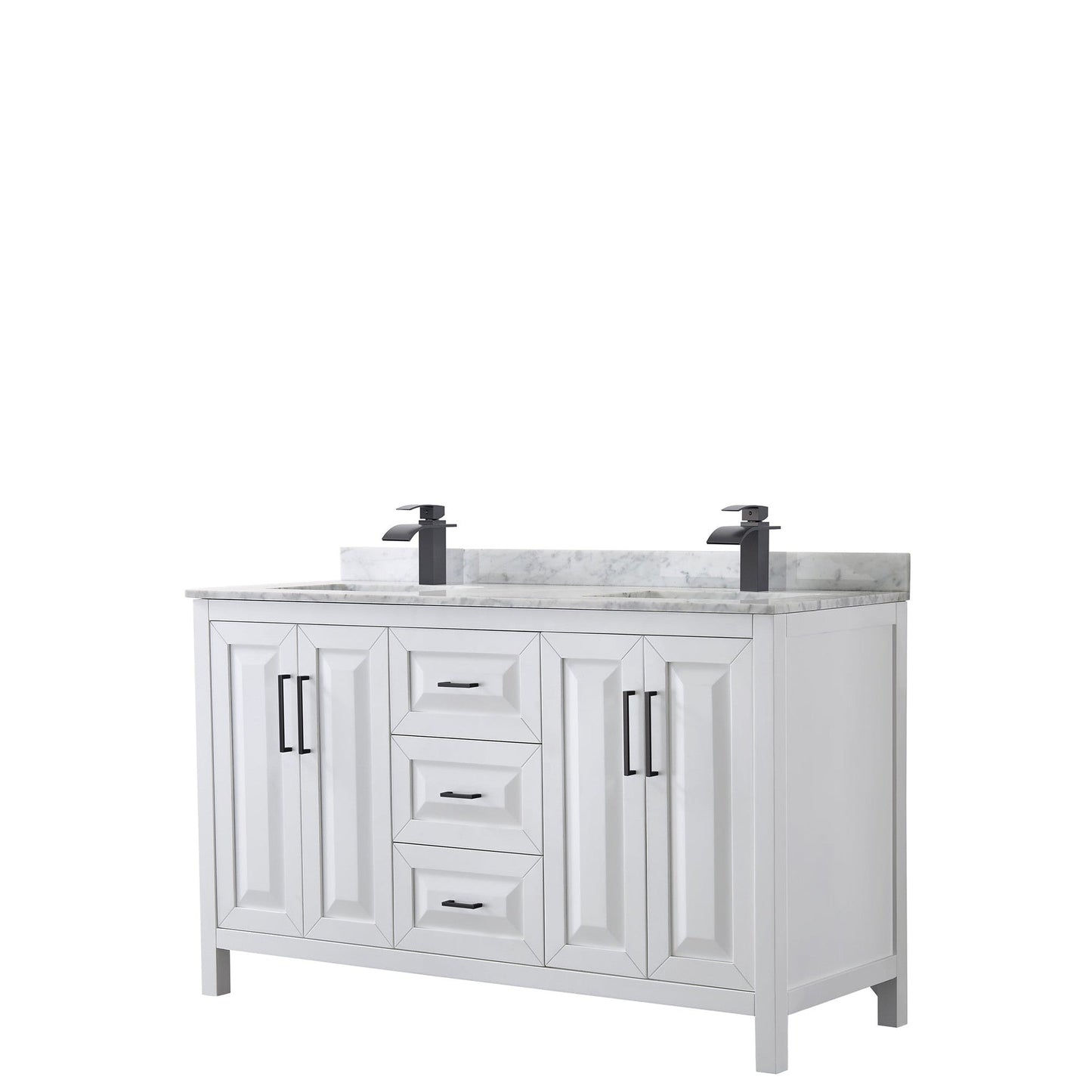 Daria 60" Double Bathroom Vanity in White, White Carrara Marble Countertop, Undermount Square Sinks, Matte Black Trim