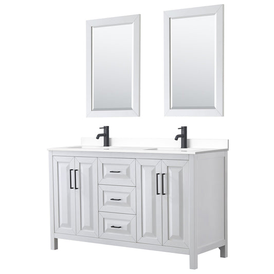 Daria 60" Double Bathroom Vanity in White, White Cultured Marble Countertop, Undermount Square Sinks, Matte Black Trim, 24" Mirrors