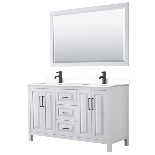Daria 60" Double Bathroom Vanity in White, White Cultured Marble Countertop, Undermount Square Sinks, Matte Black Trim, 58" Mirror