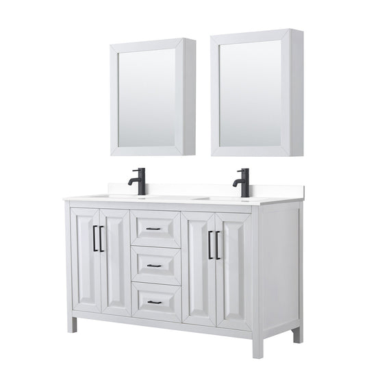 Daria 60" Double Bathroom Vanity in White, White Cultured Marble Countertop, Undermount Square Sinks, Matte Black Trim, Medicine Cabinets