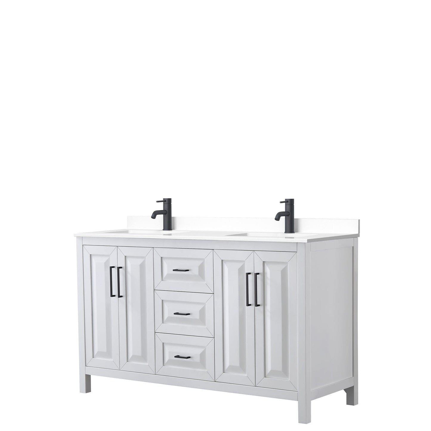 Daria 60" Double Bathroom Vanity in White, White Cultured Marble Countertop, Undermount Square Sinks, Matte Black Trim