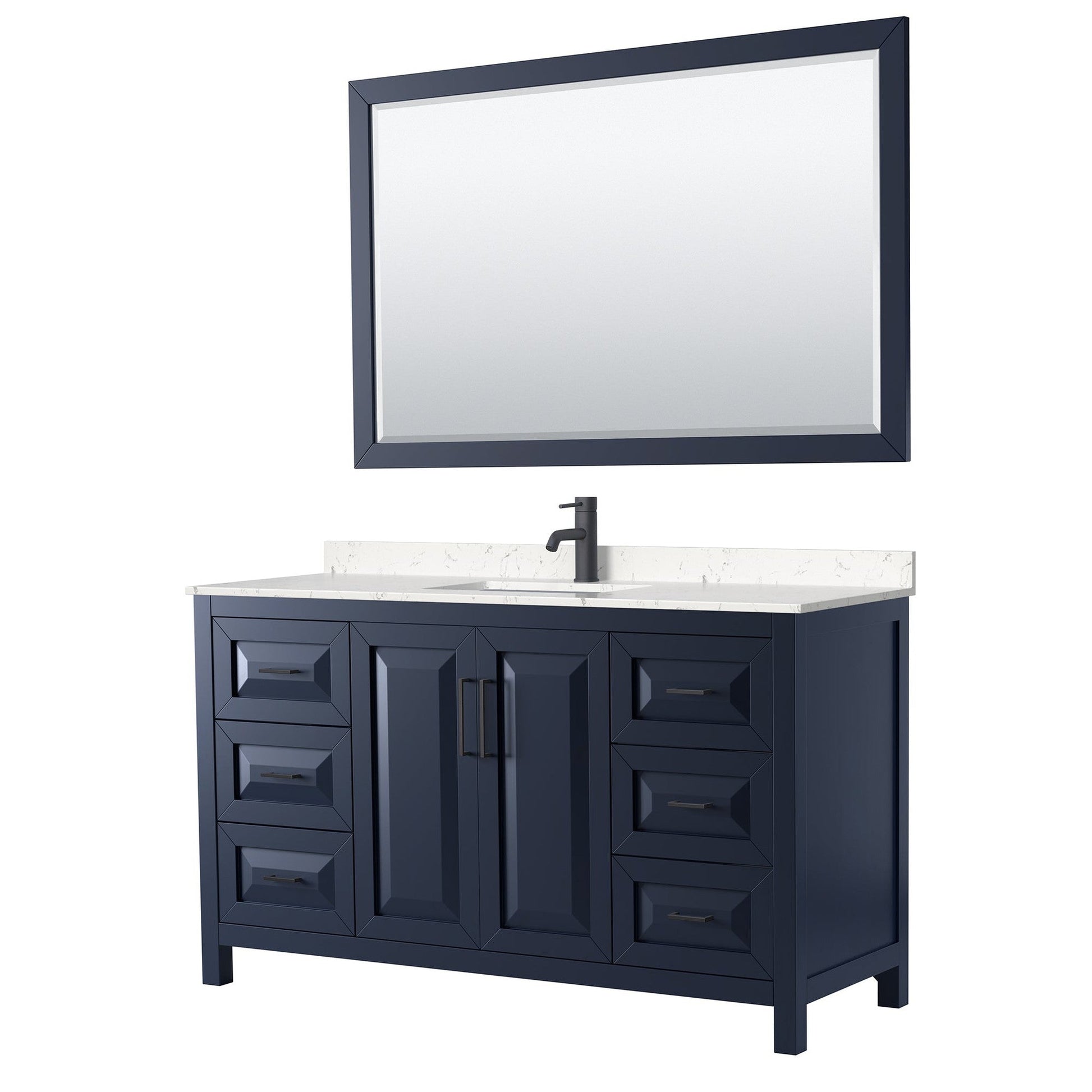 Daria 60" Single Bathroom Vanity in Dark Blue, Carrara Cultured Marble Countertop, Undermount Square Sink, Matte Black Trim, 58" Mirror