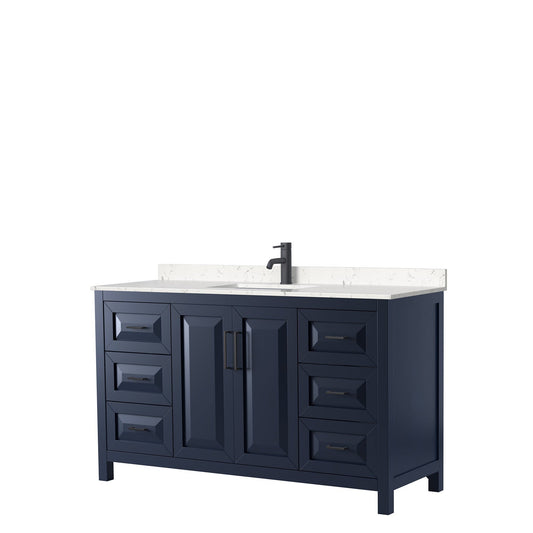 Daria 60" Single Bathroom Vanity in Dark Blue, Carrara Cultured Marble Countertop, Undermount Square Sink, Matte Black Trim