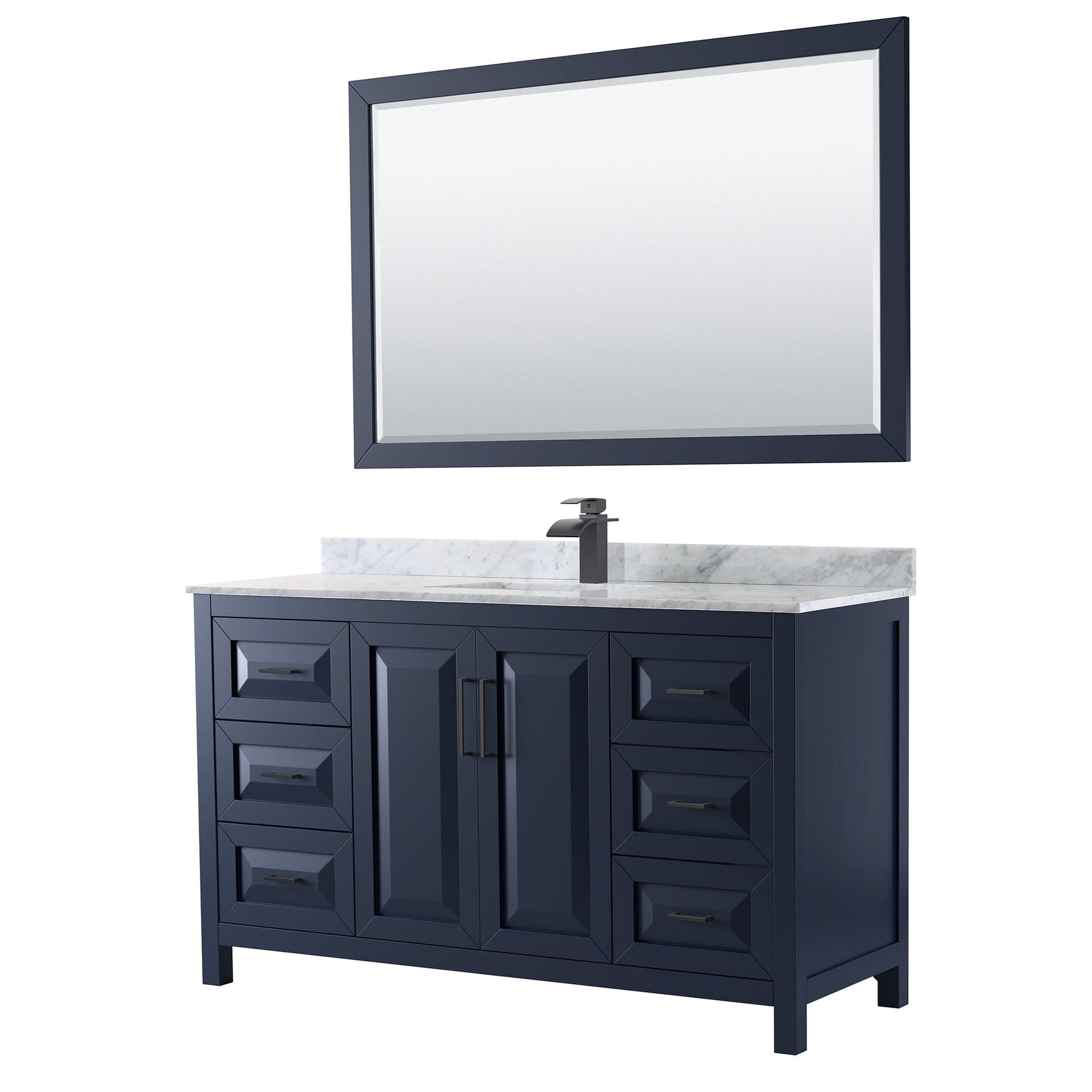 Daria 60" Single Bathroom Vanity in Dark Blue, White Carrara Marble Countertop, Undermount Square Sink, Matte Black Trim, 58" Mirror