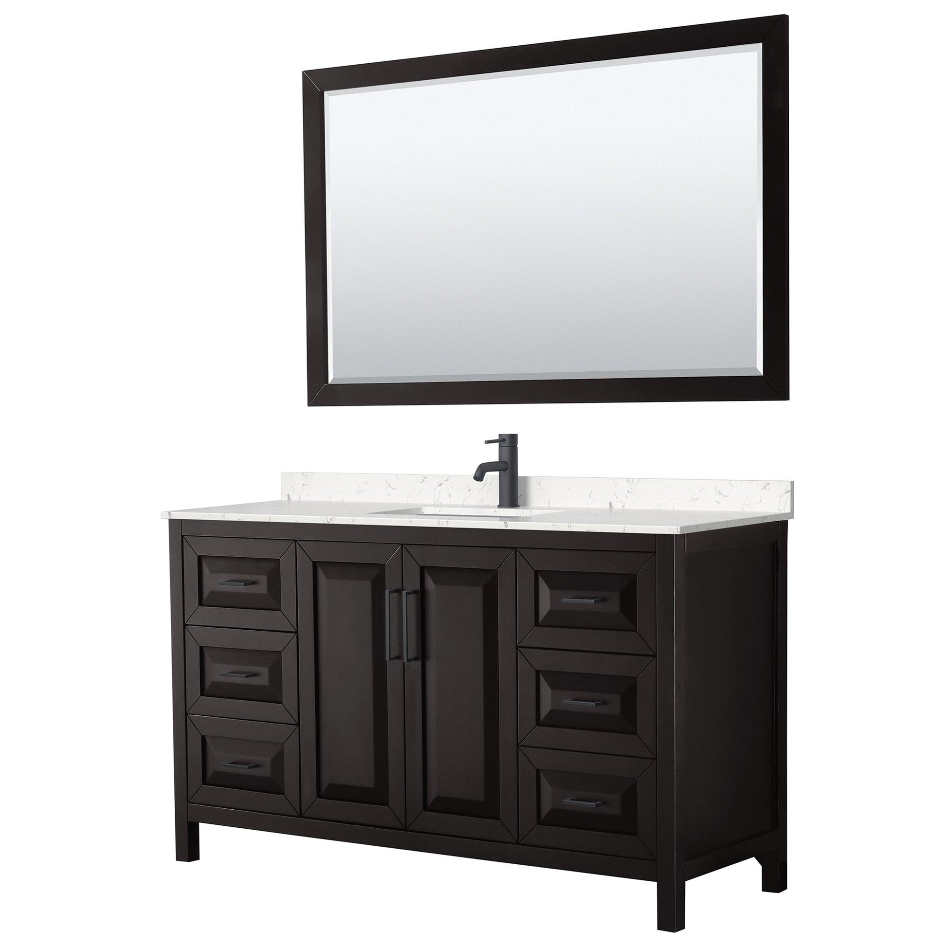 Daria 60" Single Bathroom Vanity in Dark Espresso, Carrara Cultured Marble Countertop, Undermount Square Sink, Matte Black Trim, 58" Mirror
