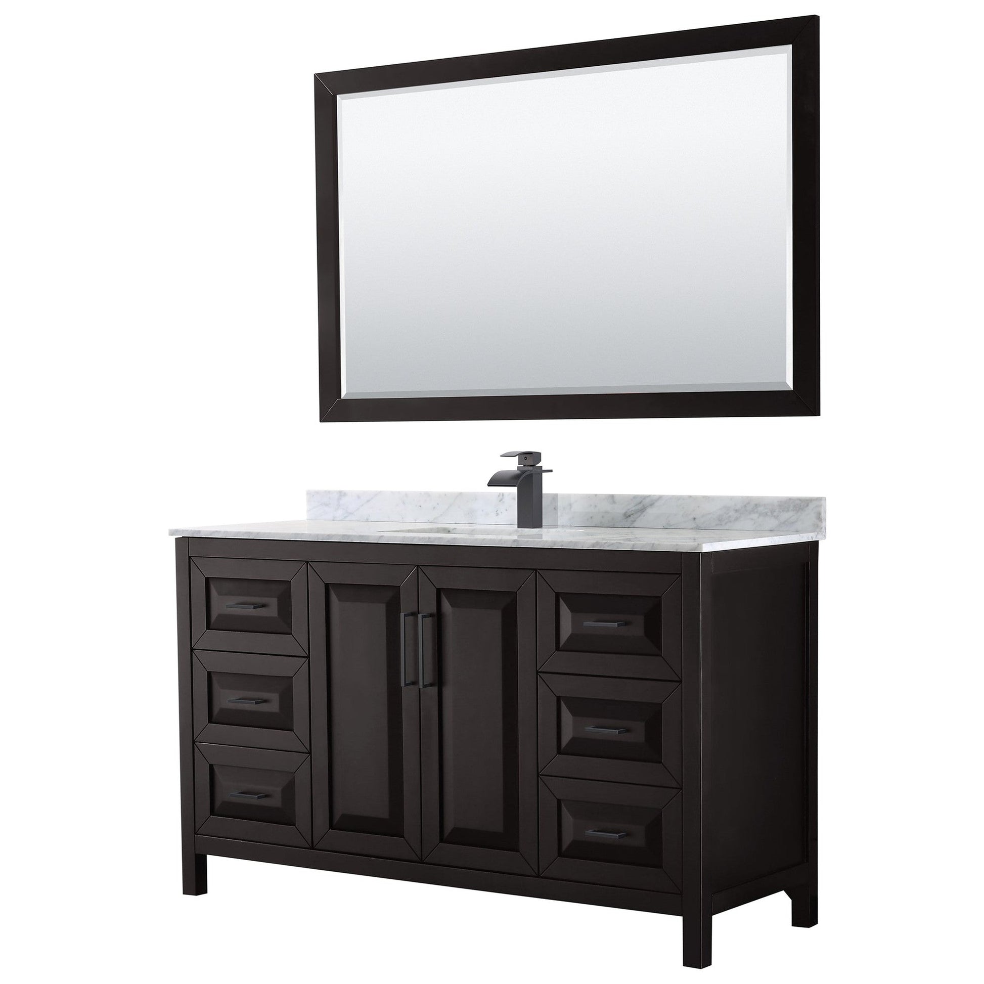 Daria 60" Single Bathroom Vanity in Dark Espresso, White Carrara Marble Countertop, Undermount Square Sink, Matte Black Trim, 58" Mirror