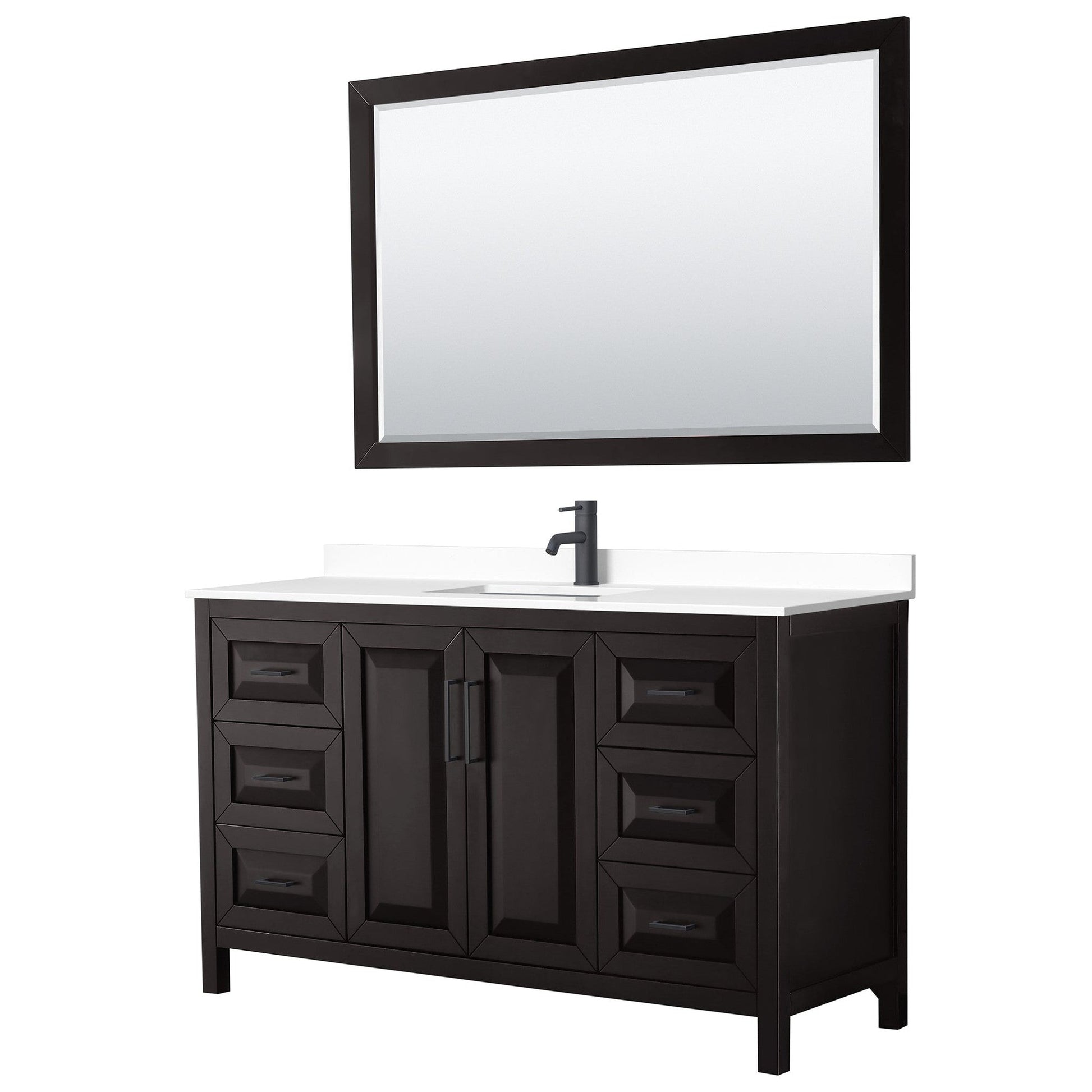 Daria 60" Single Bathroom Vanity in Dark Espresso, White Cultured Marble Countertop, Undermount Square Sink, Matte Black Trim, 58" Mirror