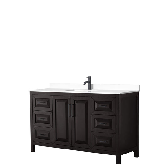 Daria 60" Single Bathroom Vanity in Dark Espresso, White Cultured Marble Countertop, Undermount Square Sink, Matte Black Trim