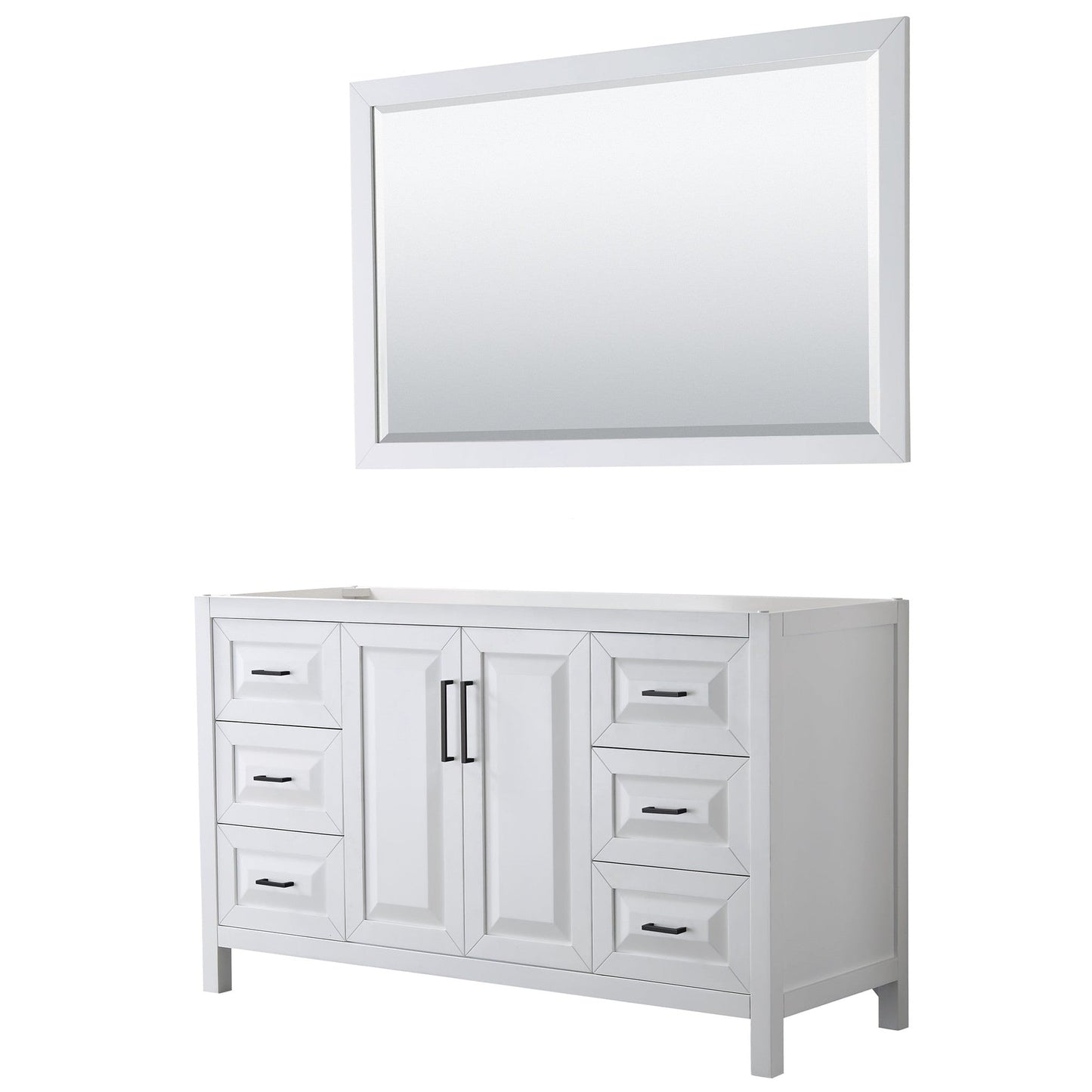 Daria 60" Single Bathroom Vanity in White, No Countertop, No Sink, Matte Black Trim, 58" Mirror