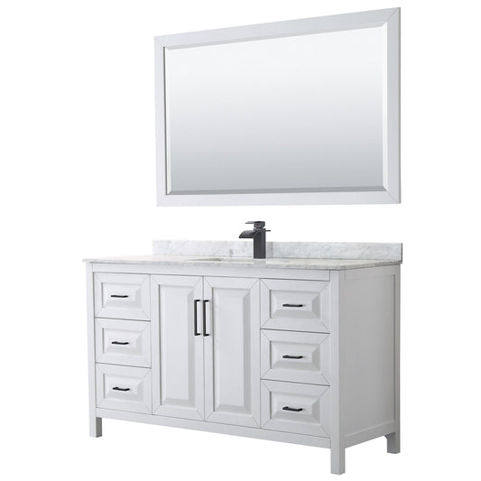 Daria 60" Single Bathroom Vanity in White, White Carrara Marble Countertop, Undermount Square Sink, Matte Black Trim, 58" Mirror