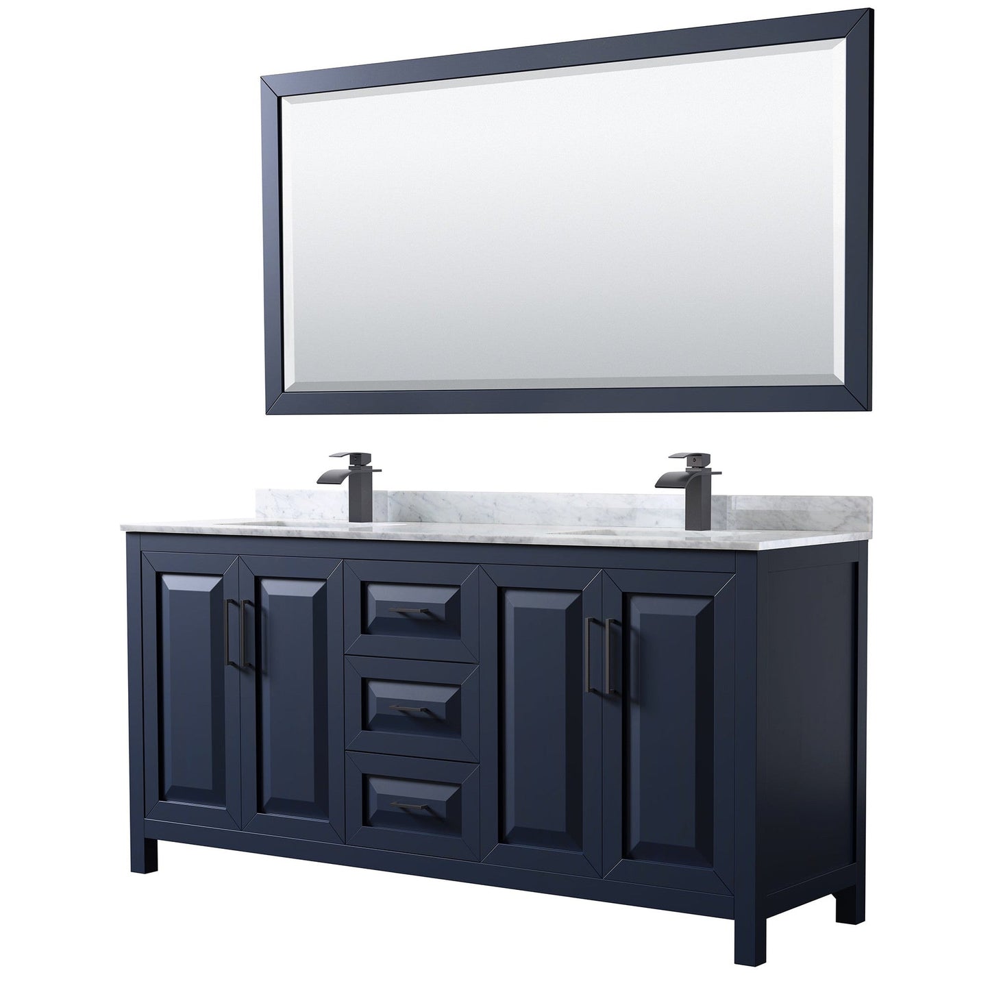 Daria 72" Double Bathroom Vanity in Dark Blue, White Carrara Marble Countertop, Undermount Square Sinks, Matte Black Trim, 70" Mirror