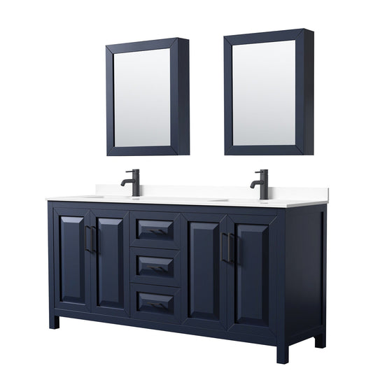 Daria 72" Double Bathroom Vanity in Dark Blue, White Cultured Marble Countertop, Undermount Square Sinks, Matte Black Trim, Medicine Cabinets