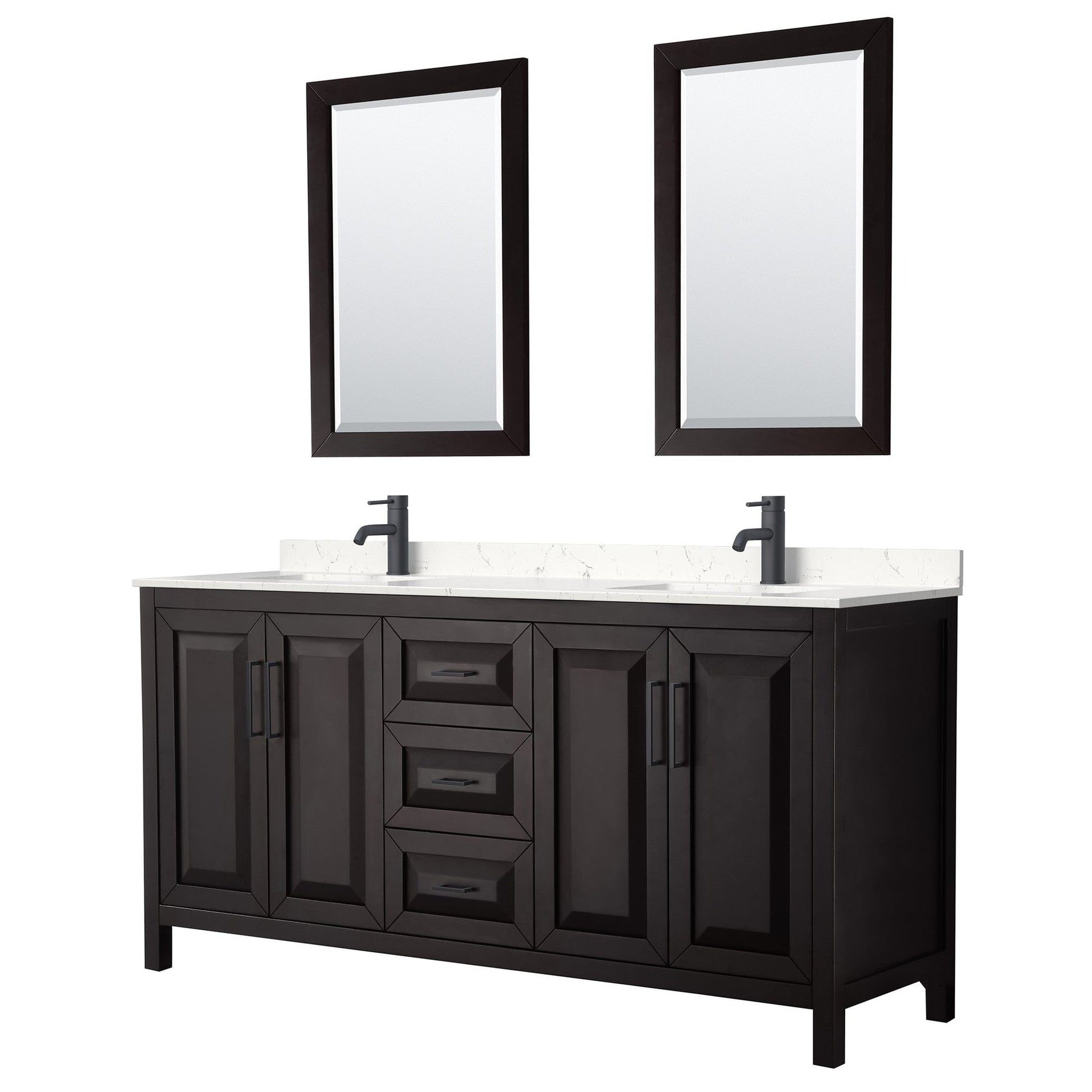 Daria 72" Double Bathroom Vanity in Dark Espresso, Carrara Cultured Marble Countertop, Undermount Square Sinks, Matte Black Trim, 24" Mirrors
