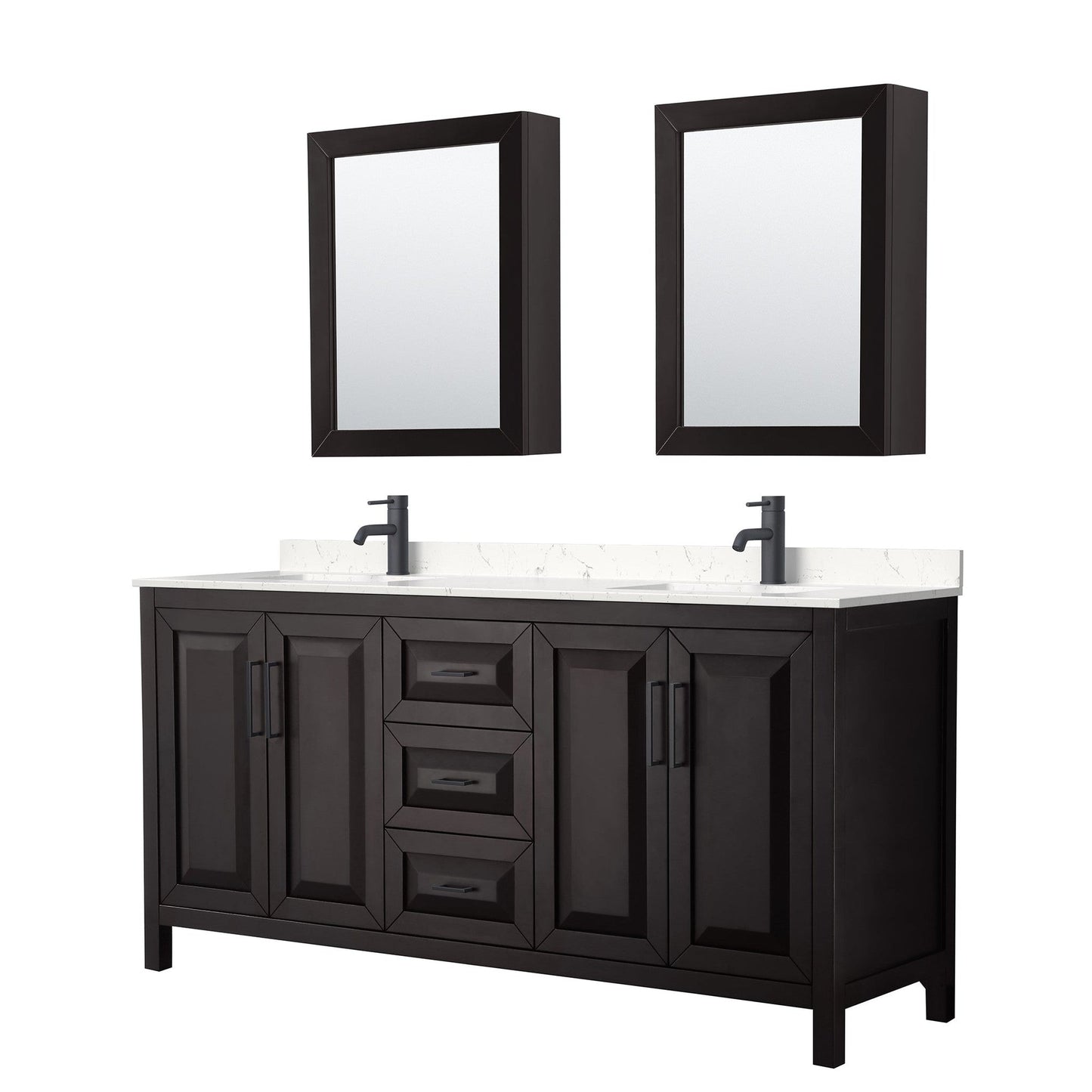 Daria 72" Double Bathroom Vanity in Dark Espresso, Carrara Cultured Marble Countertop, Undermount Square Sinks, Matte Black Trim, Medicine Cabinets