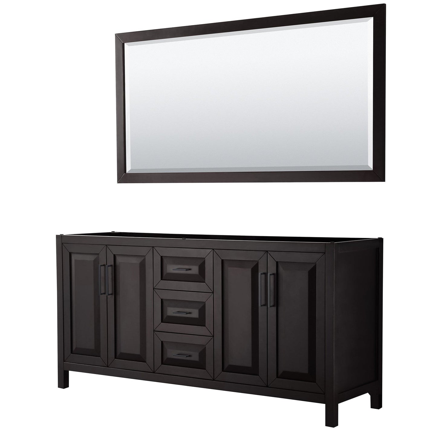 Daria 72" Double Bathroom Vanity in Dark Espresso, No Countertop, No Sink, Matte Black Trim, 70" Mirror