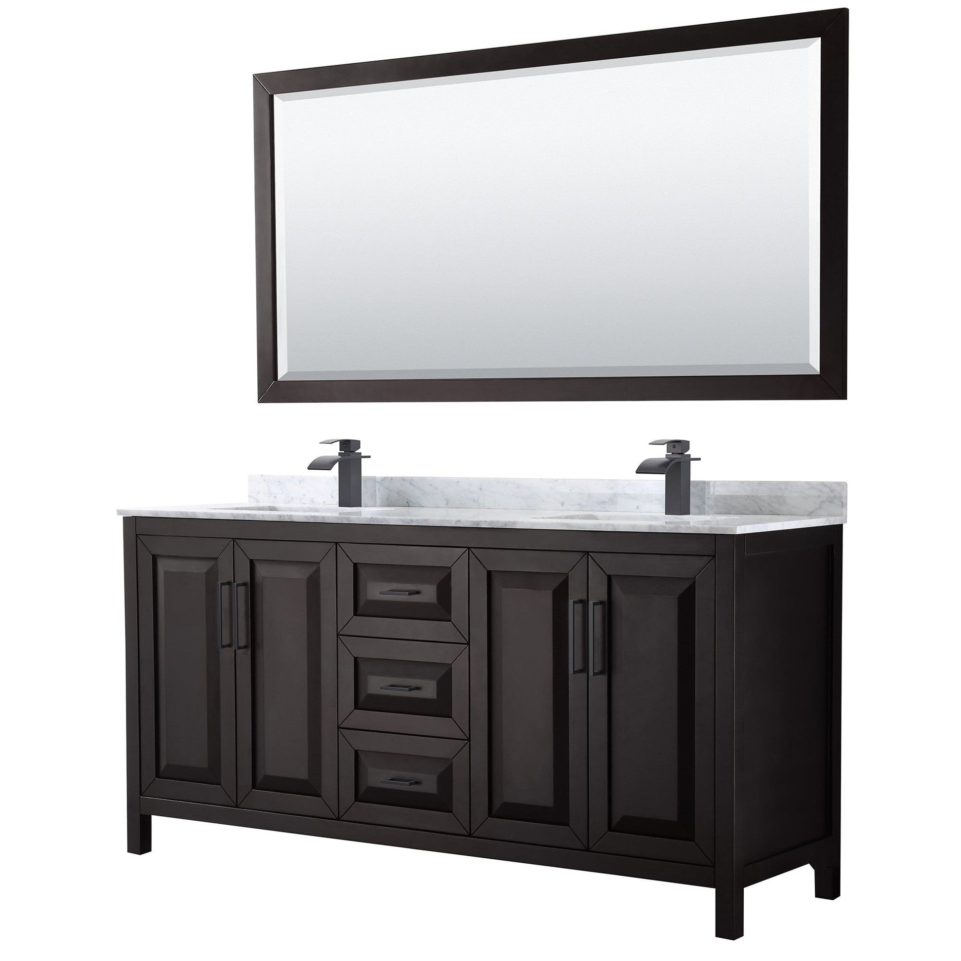 Daria 72" Double Bathroom Vanity in Dark Espresso, White Carrara Marble Countertop, Undermount Square Sinks, Matte Black Trim, 70" Mirror