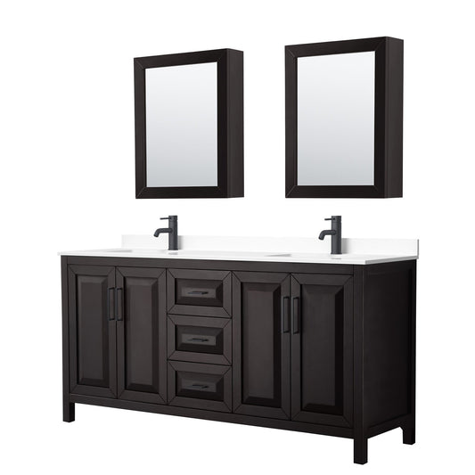 Daria 72" Double Bathroom Vanity in Dark Espresso, White Cultured Marble Countertop, Undermount Square Sinks, Matte Black Trim, Medicine Cabinets