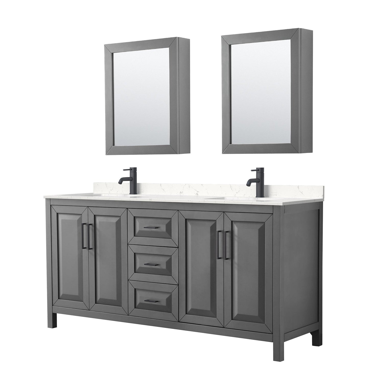 Daria 72" Double Bathroom Vanity in Dark Gray, Carrara Cultured Marble Countertop, Undermount Square Sinks, Matte Black Trim, Medicine Cabinets