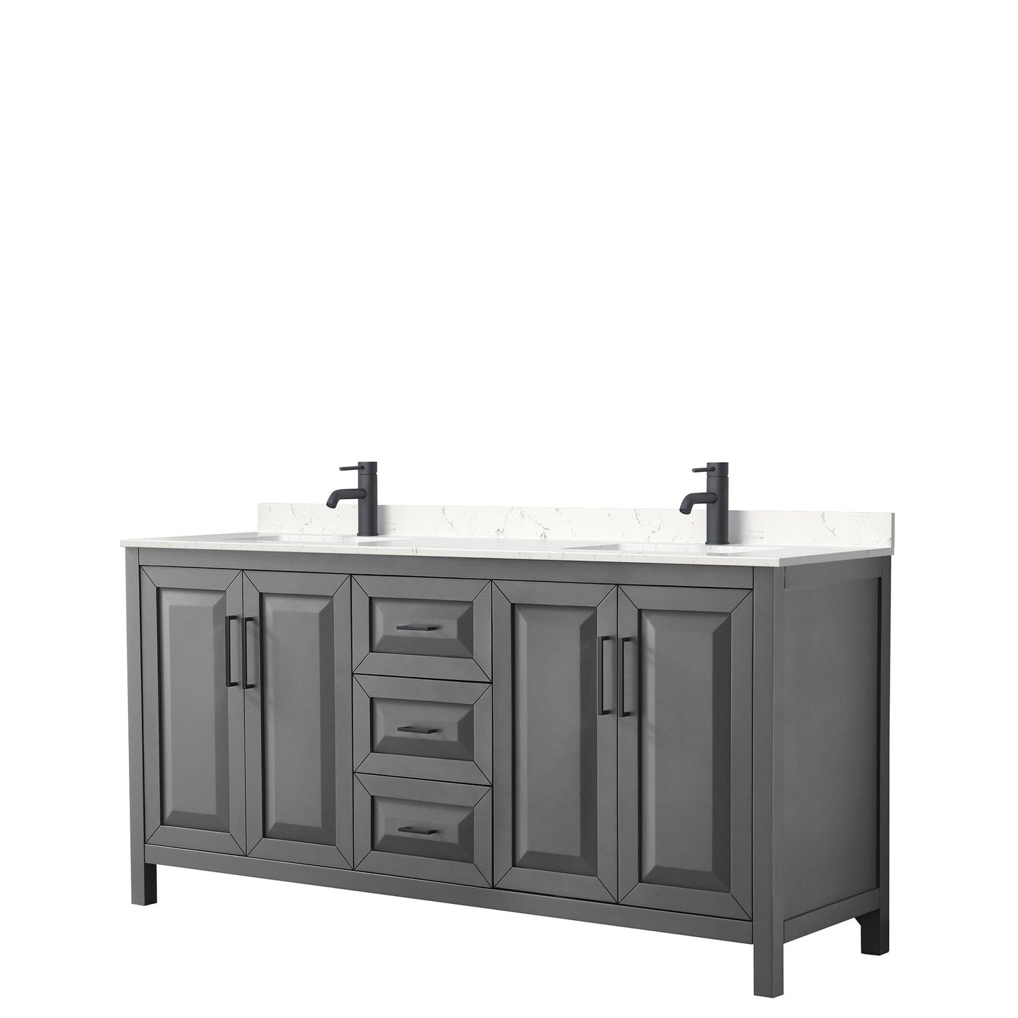 Daria 72" Double Bathroom Vanity in Dark Gray, Carrara Cultured Marble Countertop, Undermount Square Sinks, Matte Black Trim