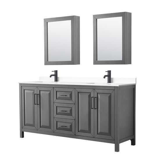 Daria 72" Double Bathroom Vanity in Dark Gray, White Cultured Marble Countertop, Undermount Square Sinks, Matte Black Trim, Medicine Cabinets