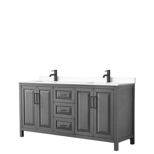 Daria 72" Double Bathroom Vanity in Dark Gray, White Cultured Marble Countertop, Undermount Square Sinks, Matte Black Trim