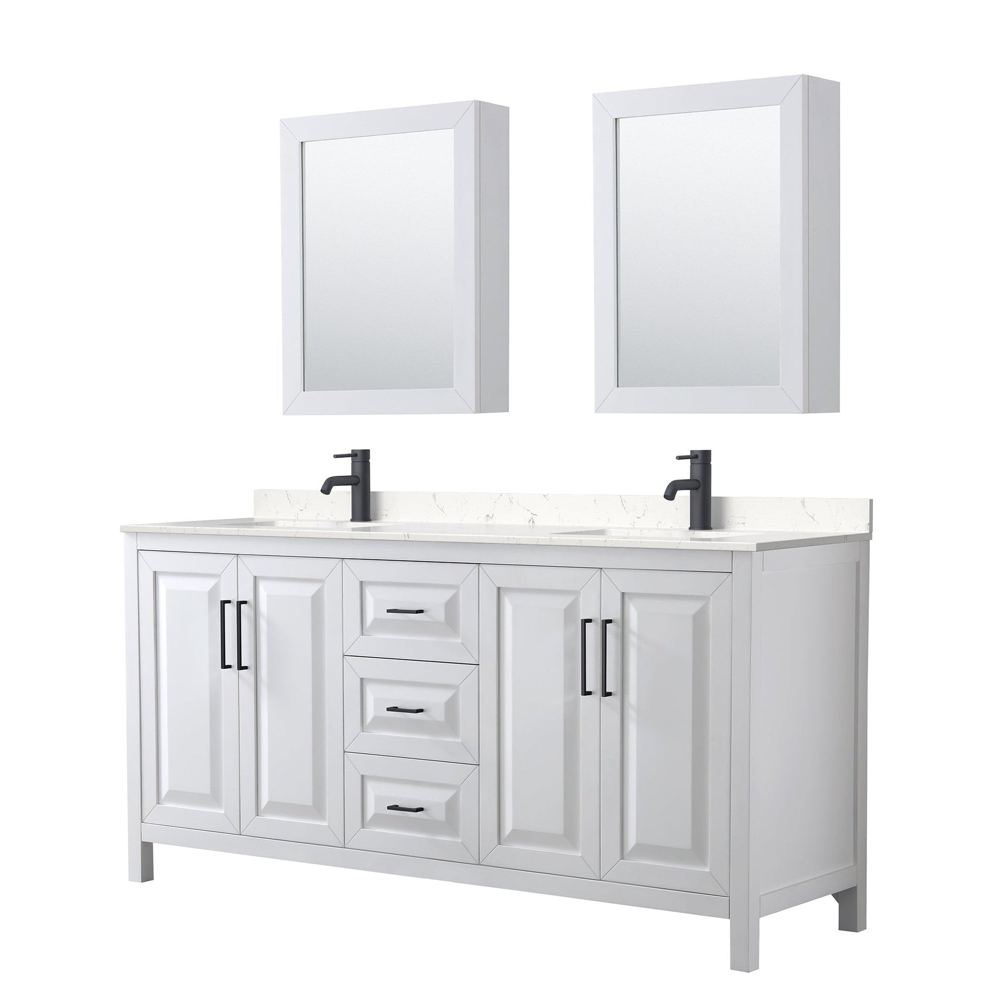 Daria 72" Double Bathroom Vanity in White, Carrara Cultured Marble Countertop, Undermount Square Sinks, Matte Black Trim, Medicine Cabinets