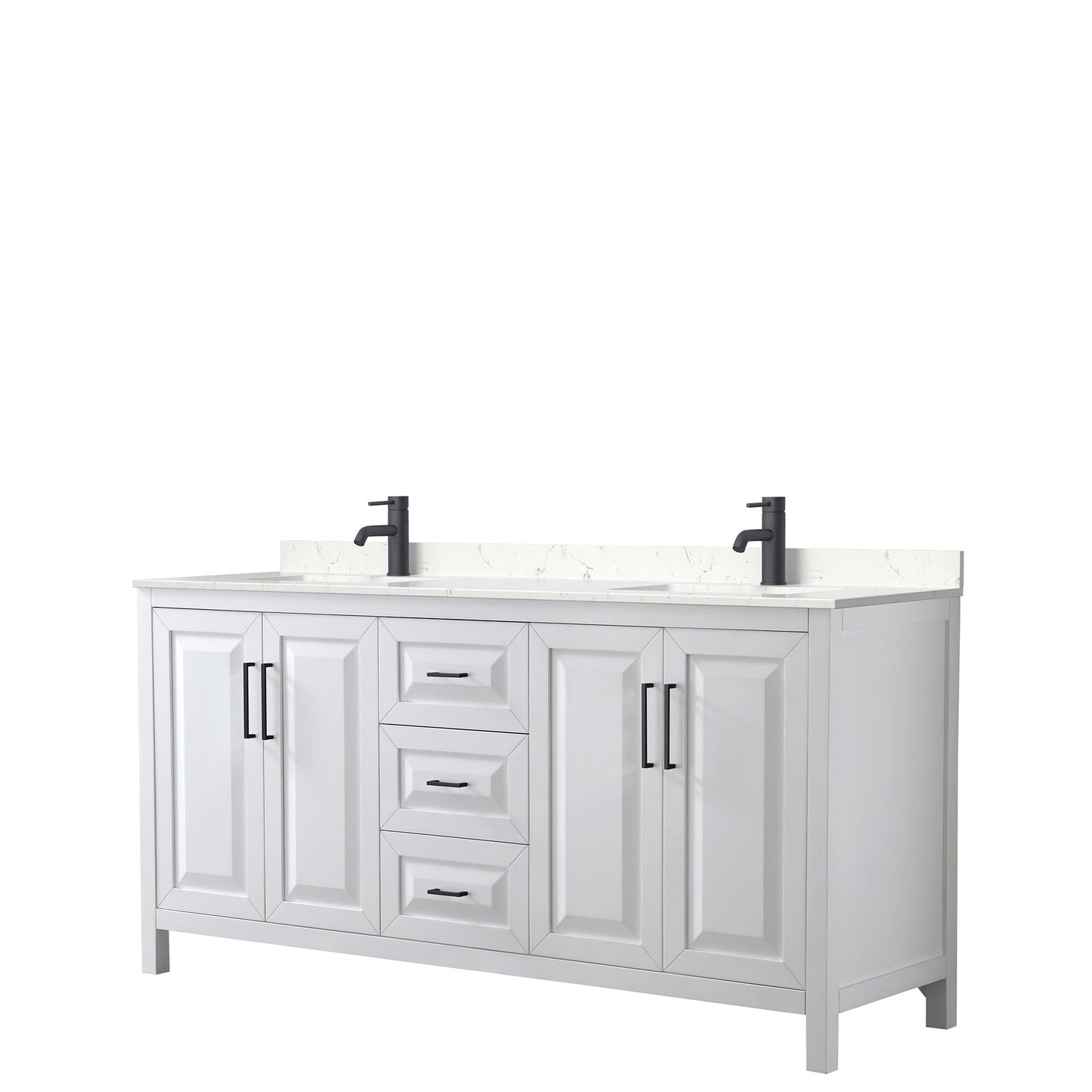 Daria 72" Double Bathroom Vanity in White, Carrara Cultured Marble Countertop, Undermount Square Sinks, Matte Black Trim