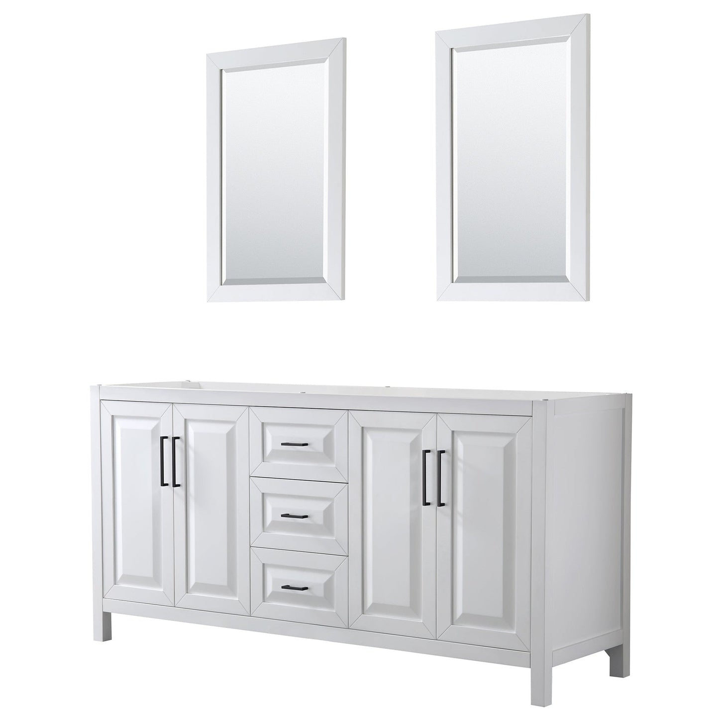 Daria 72" Double Bathroom Vanity in White, No Countertop, No Sink, Matte Black Trim, 24" Mirrors