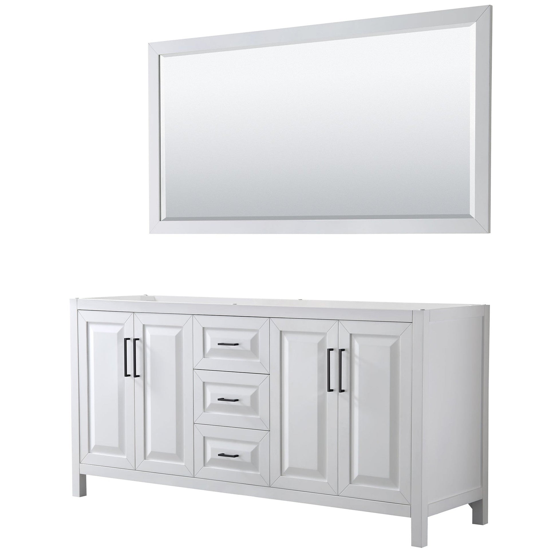 Daria 72" Double Bathroom Vanity in White, No Countertop, No Sink, Matte Black Trim, 70" Mirror