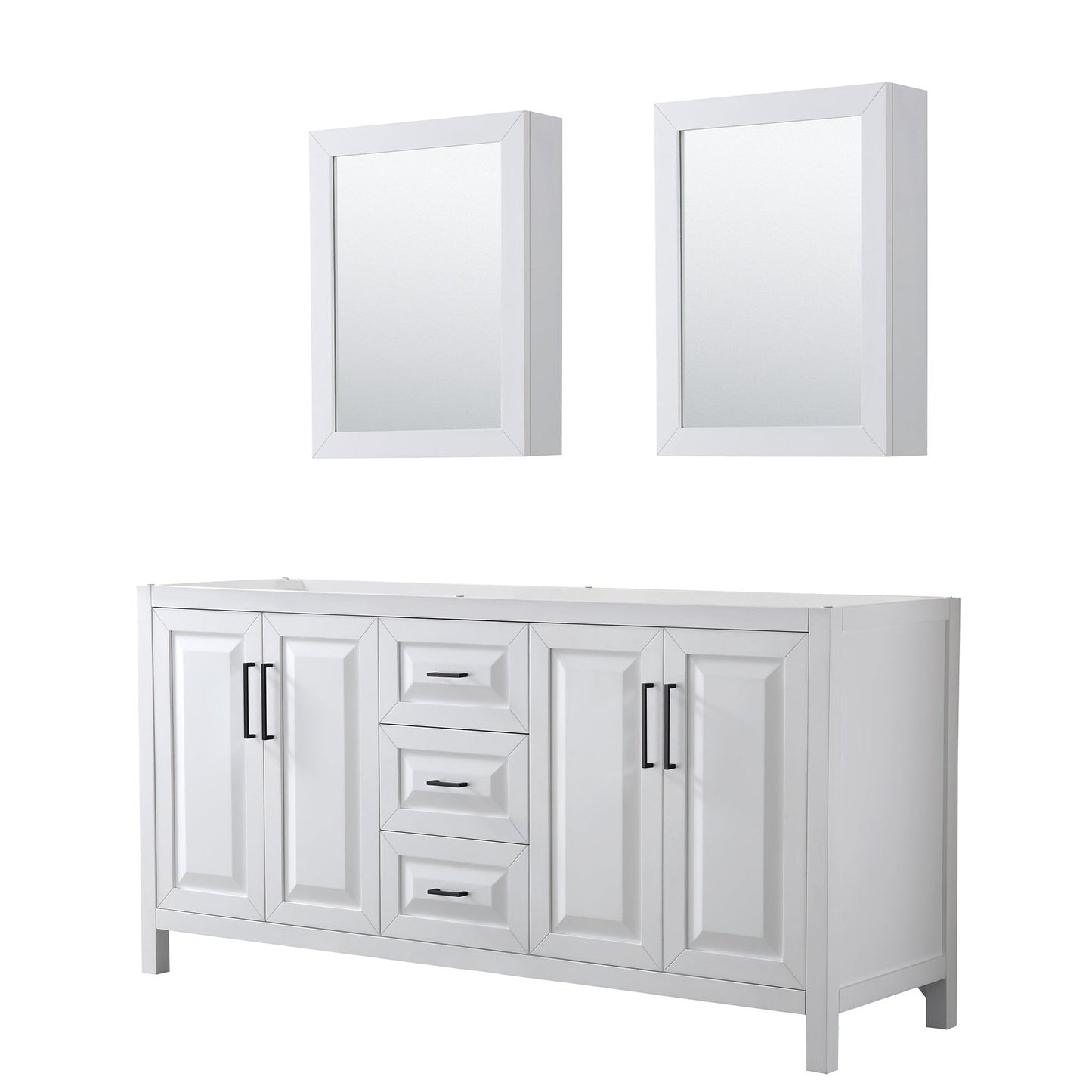 Daria 72" Double Bathroom Vanity in White, No Countertop, No Sink, Matte Black Trim, Medicine Cabinets