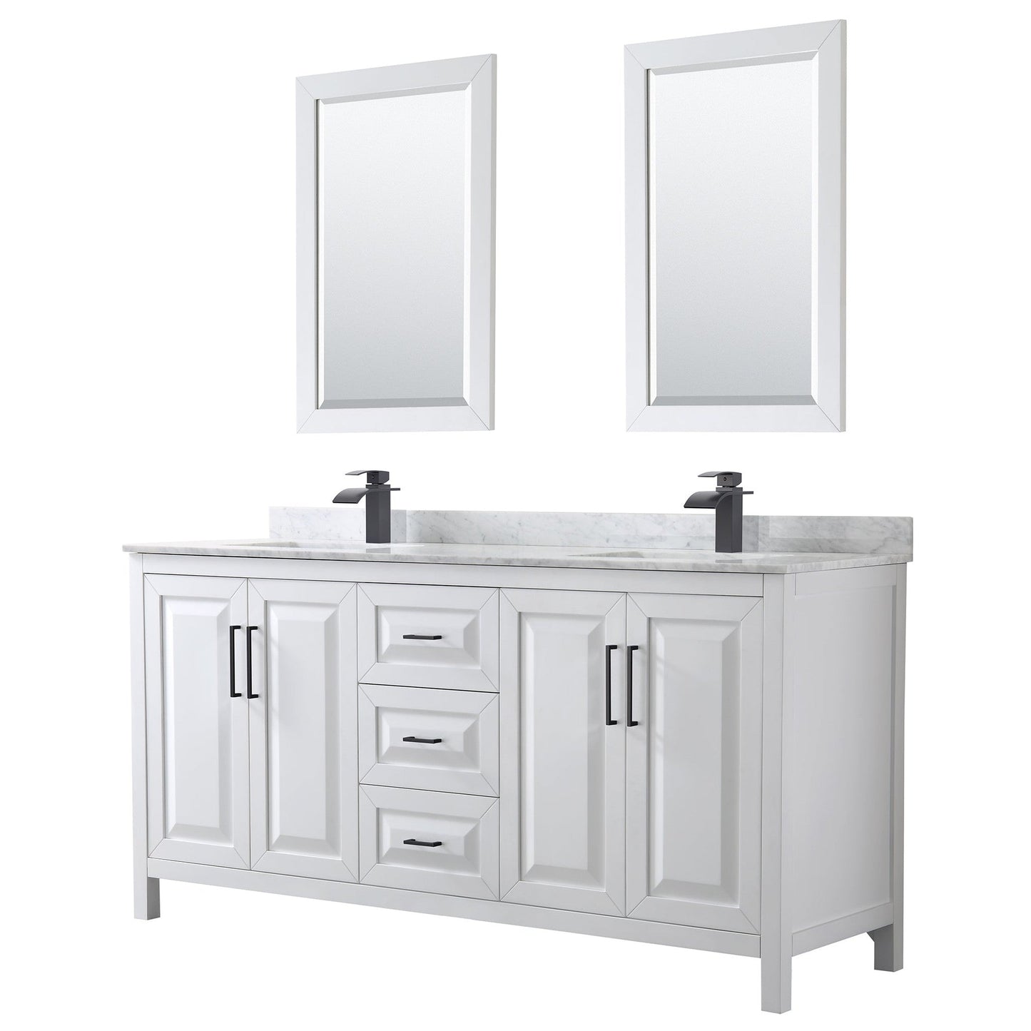 Daria 72" Double Bathroom Vanity in White, White Carrara Marble Countertop, Undermount Square Sinks, Matte Black Trim, 24" Mirrors