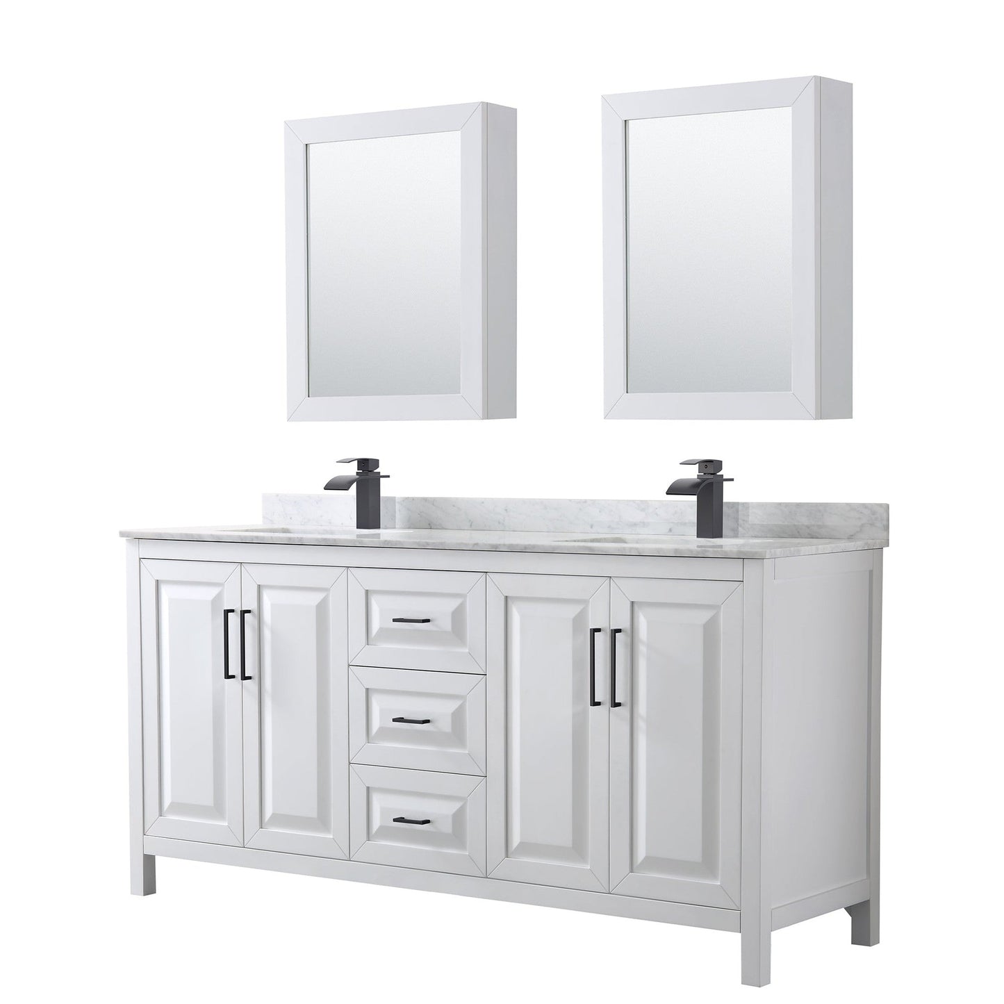 Daria 72" Double Bathroom Vanity in White, White Carrara Marble Countertop, Undermount Square Sinks, Matte Black Trim, Medicine Cabinets