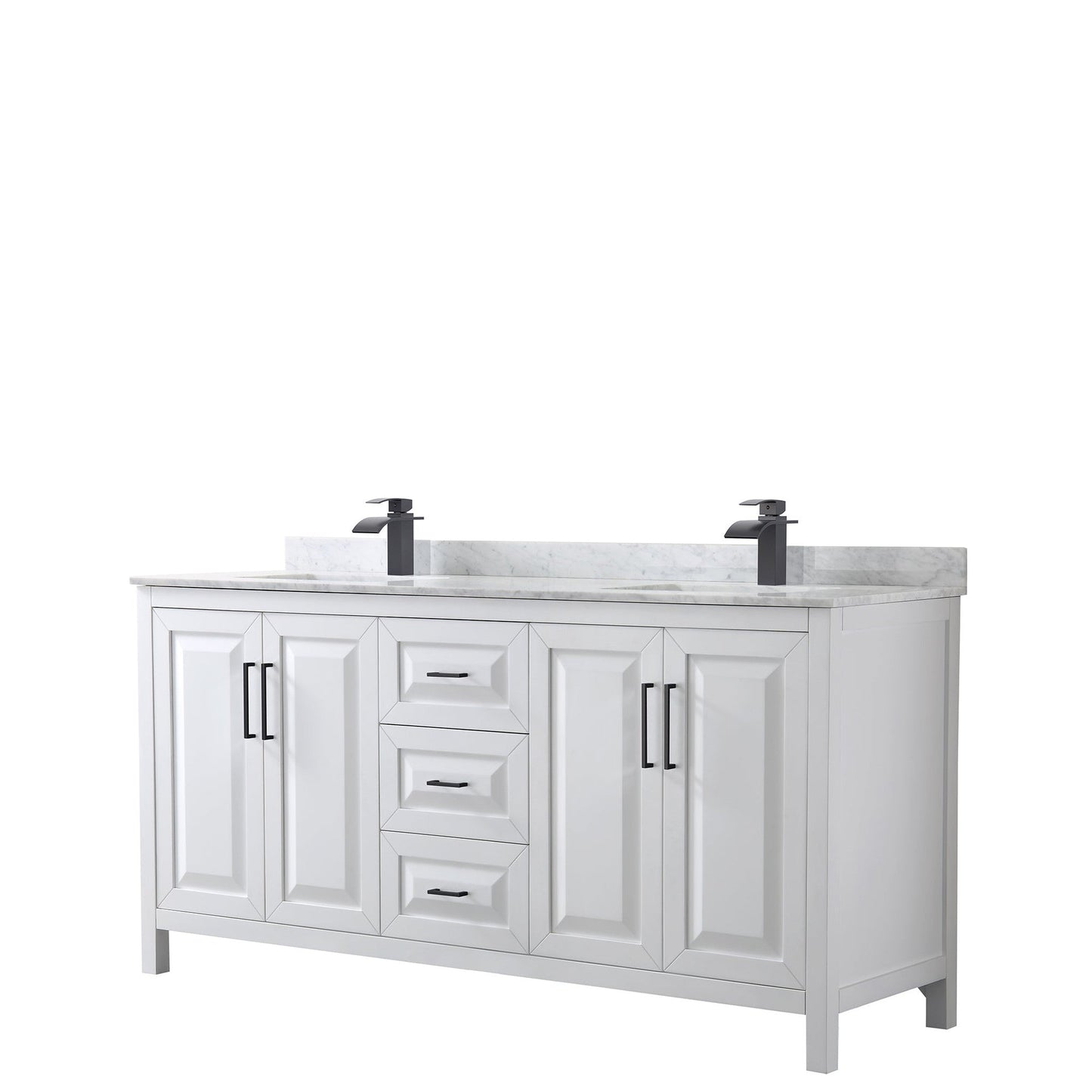 Daria 72" Double Bathroom Vanity in White, White Carrara Marble Countertop, Undermount Square Sinks, Matte Black Trim