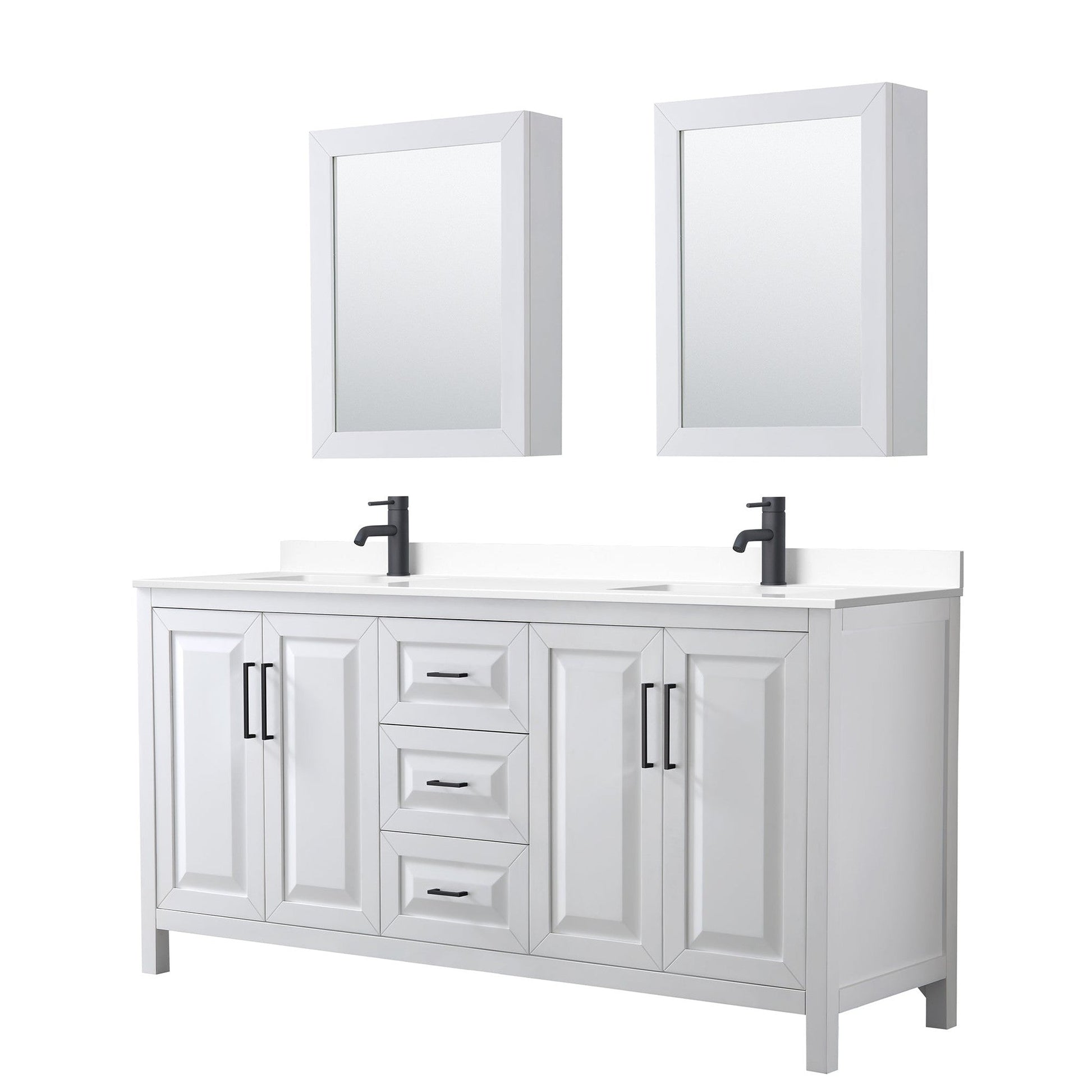 Daria 72" Double Bathroom Vanity in White, White Cultured Marble Countertop, Undermount Square Sinks, Matte Black Trim, Medicine Cabinets