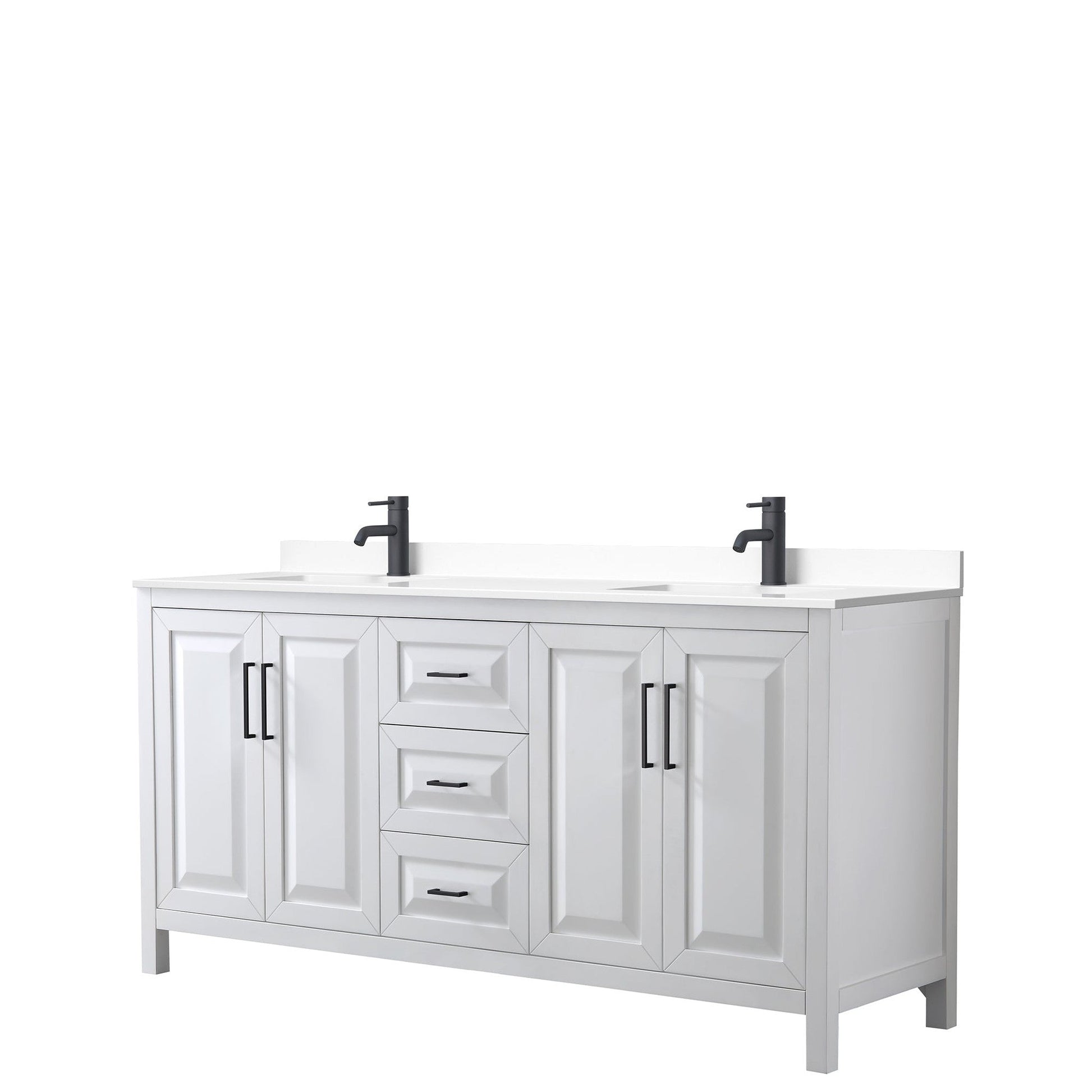 Daria 72" Double Bathroom Vanity in White, White Cultured Marble Countertop, Undermount Square Sinks, Matte Black Trim