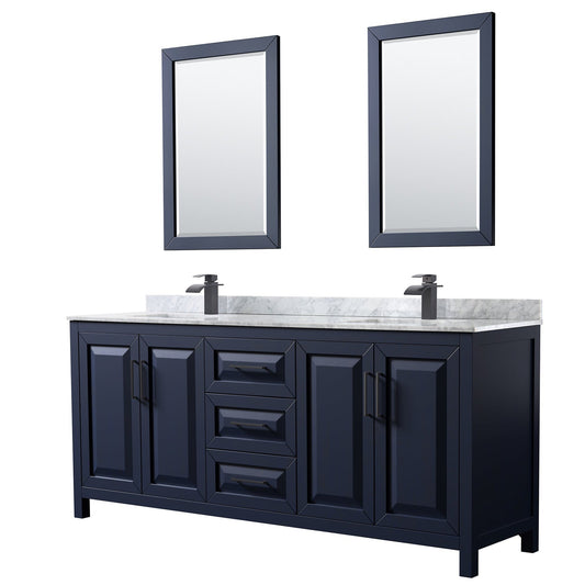Daria 80" Double Bathroom Vanity in Dark Blue, White Carrara Marble Countertop, Undermount Square Sinks, Matte Black Trim, 24" Mirrors