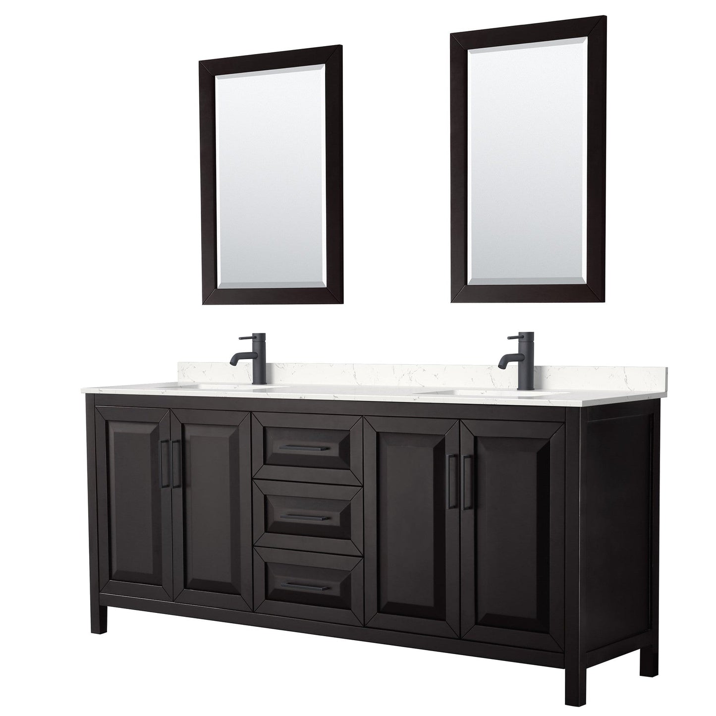 Daria 80" Double Bathroom Vanity in Dark Espresso, Carrara Cultured Marble Countertop, Undermount Square Sinks, Matte Black Trim, 24" Mirrors