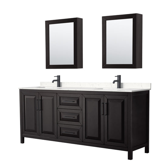 Daria 80" Double Bathroom Vanity in Dark Espresso, Carrara Cultured Marble Countertop, Undermount Square Sinks, Matte Black Trim, Medicine Cabinets
