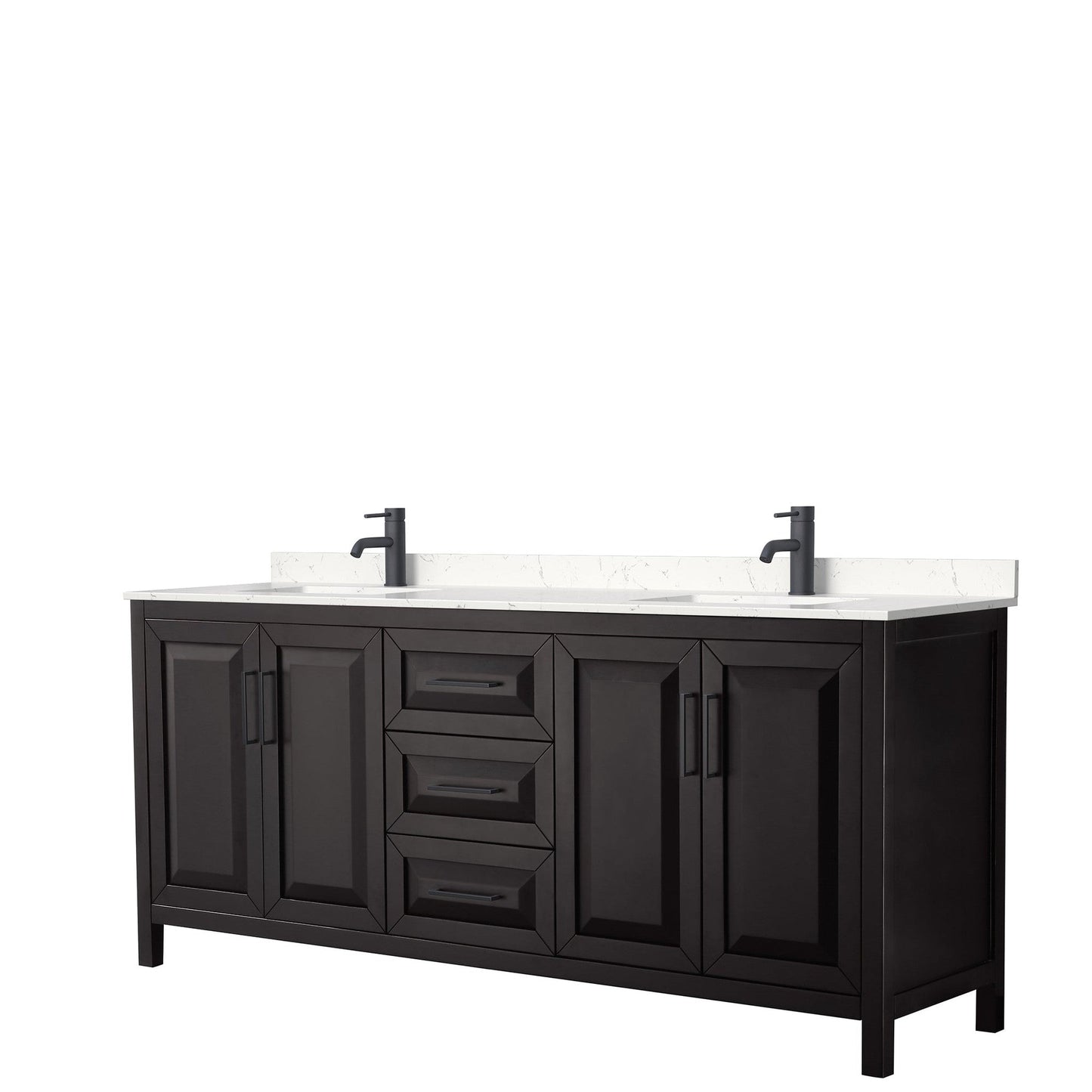 Daria 80" Double Bathroom Vanity in Dark Espresso, Carrara Cultured Marble Countertop, Undermount Square Sinks, Matte Black Trim