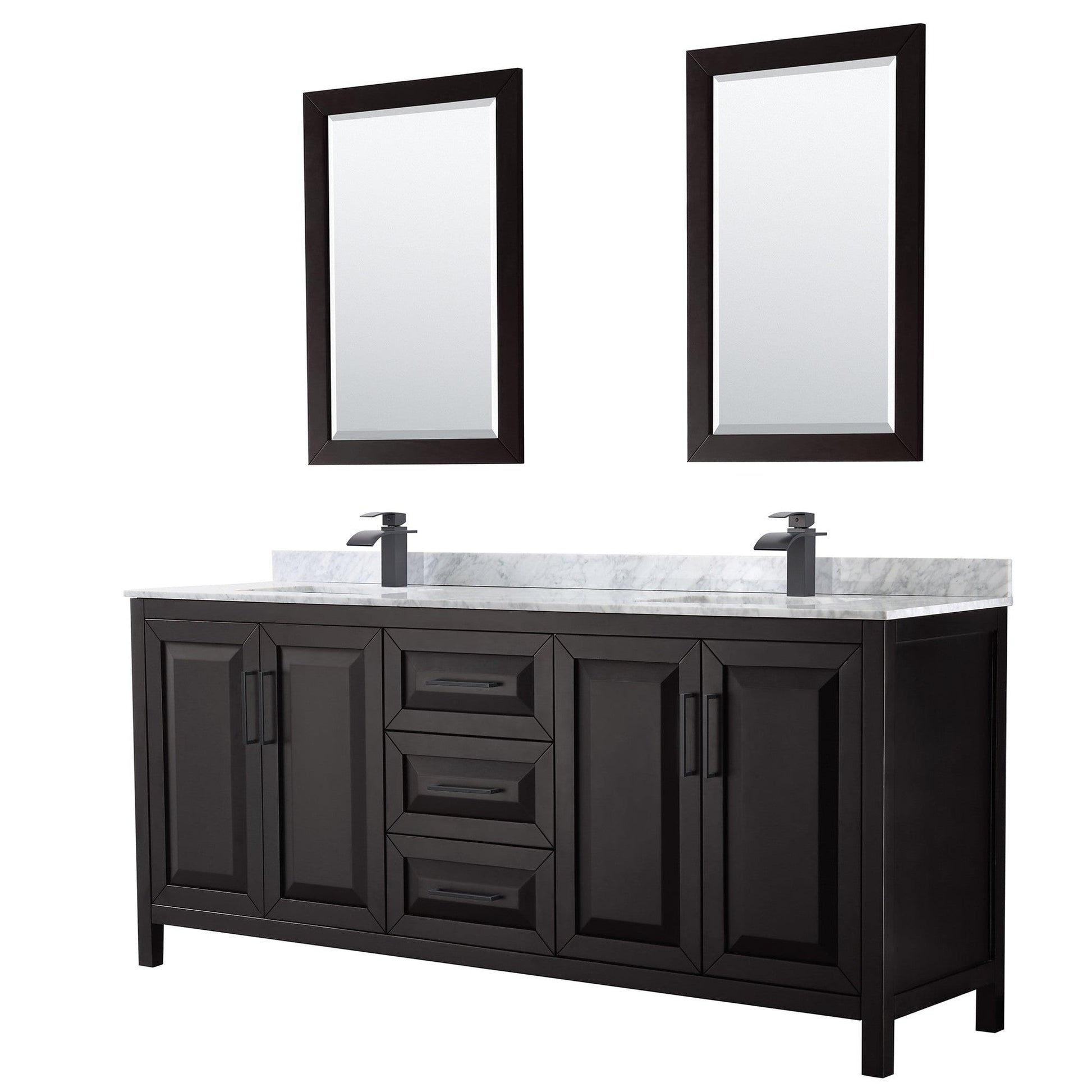 Daria 80" Double Bathroom Vanity in Dark Espresso, White Carrara Marble Countertop, Undermount Square Sinks, Matte Black Trim, 24" Mirrors