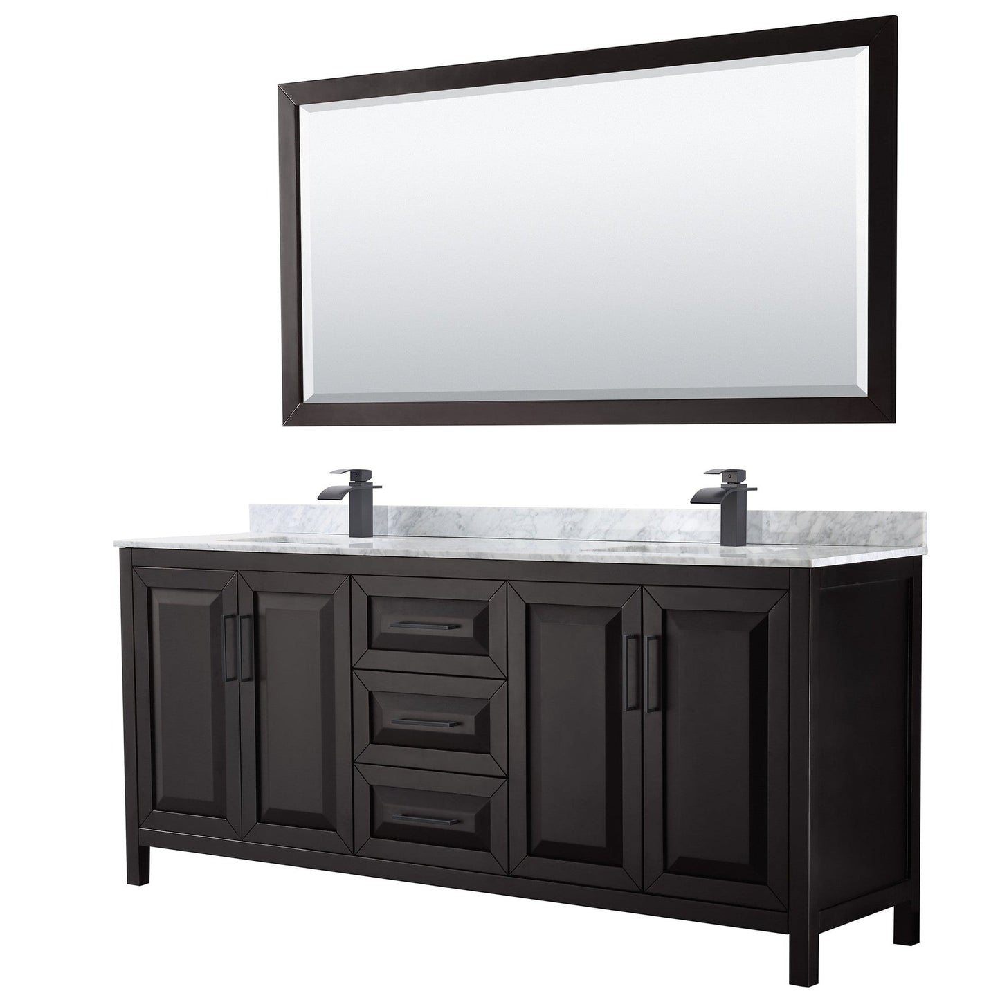 Daria 80" Double Bathroom Vanity in Dark Espresso, White Carrara Marble Countertop, Undermount Square Sinks, Matte Black Trim, 70" Mirror