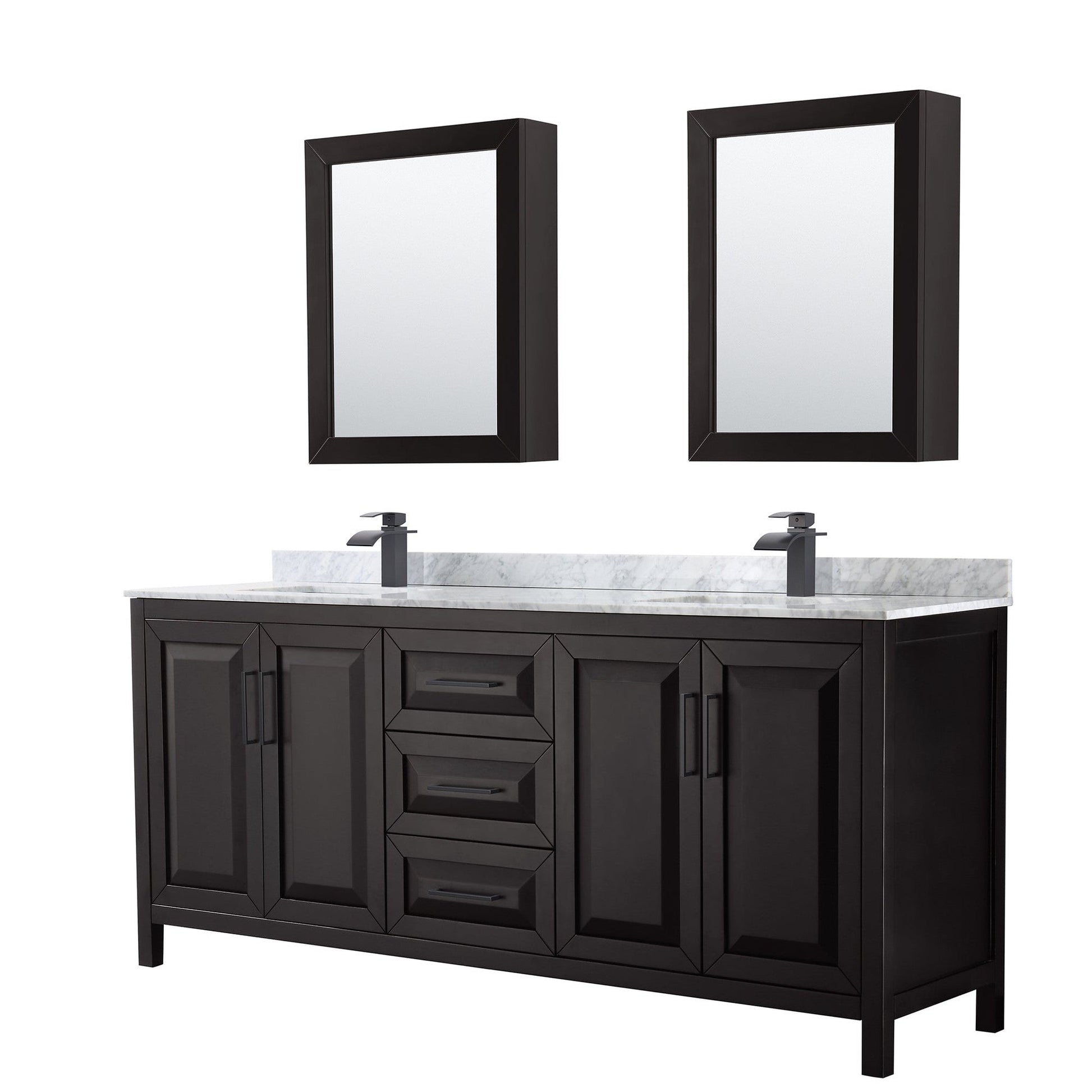 Daria 80" Double Bathroom Vanity in Dark Espresso, White Carrara Marble Countertop, Undermount Square Sinks, Matte Black Trim, Medicine Cabinets