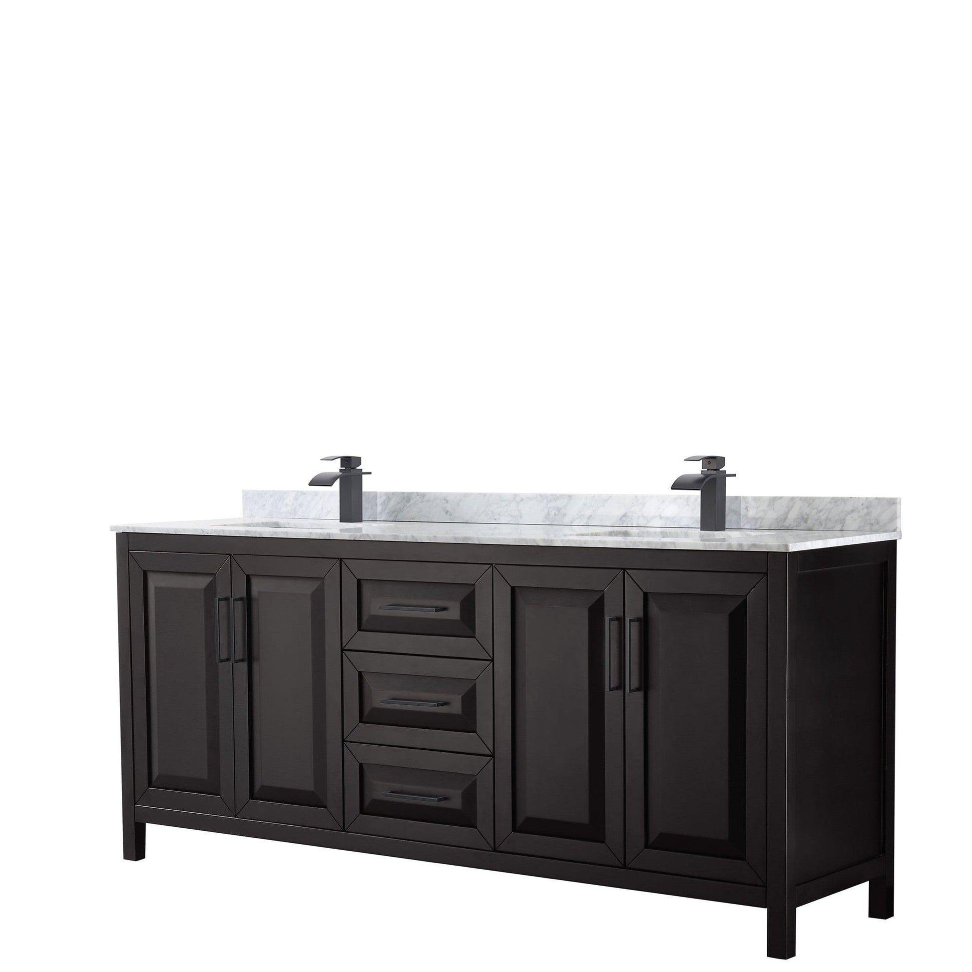 Daria 80" Double Bathroom Vanity in Dark Espresso, White Carrara Marble Countertop, Undermount Square Sinks, Matte Black Trim