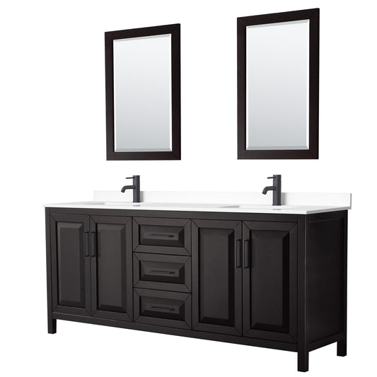 Daria 80" Double Bathroom Vanity in Dark Espresso, White Cultured Marble Countertop, Undermount Square Sinks, Matte Black Trim, 24" Mirrors