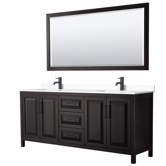 Daria 80" Double Bathroom Vanity in Dark Espresso, White Cultured Marble Countertop, Undermount Square Sinks, Matte Black Trim, 70" Mirror