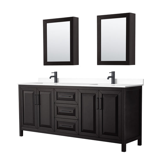 Daria 80" Double Bathroom Vanity in Dark Espresso, White Cultured Marble Countertop, Undermount Square Sinks, Matte Black Trim, Medicine Cabinets